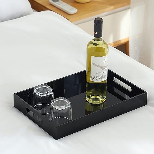 Miniatura 3 de Bandeja acrílica negra de gran tamaño con asas, 12 x 20 pulgadas, a prueba de derrames, bandejas decorativas para encimera para otomana, mesita de