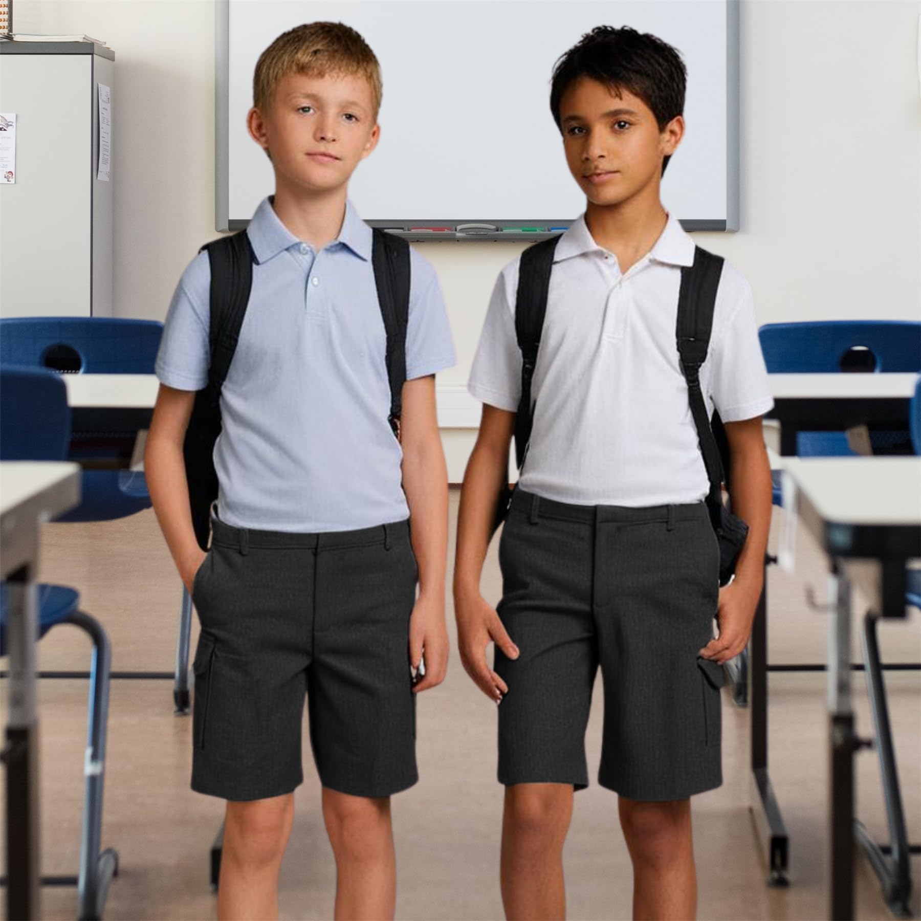 Pantalones cortos cargo para niños, paquete de 3 pantalones cortos escolares lisos de cintura ajustable, cómodo uniforme escolar de verano, edades de 2 a 13 años, en negro y gris, Negro, 7