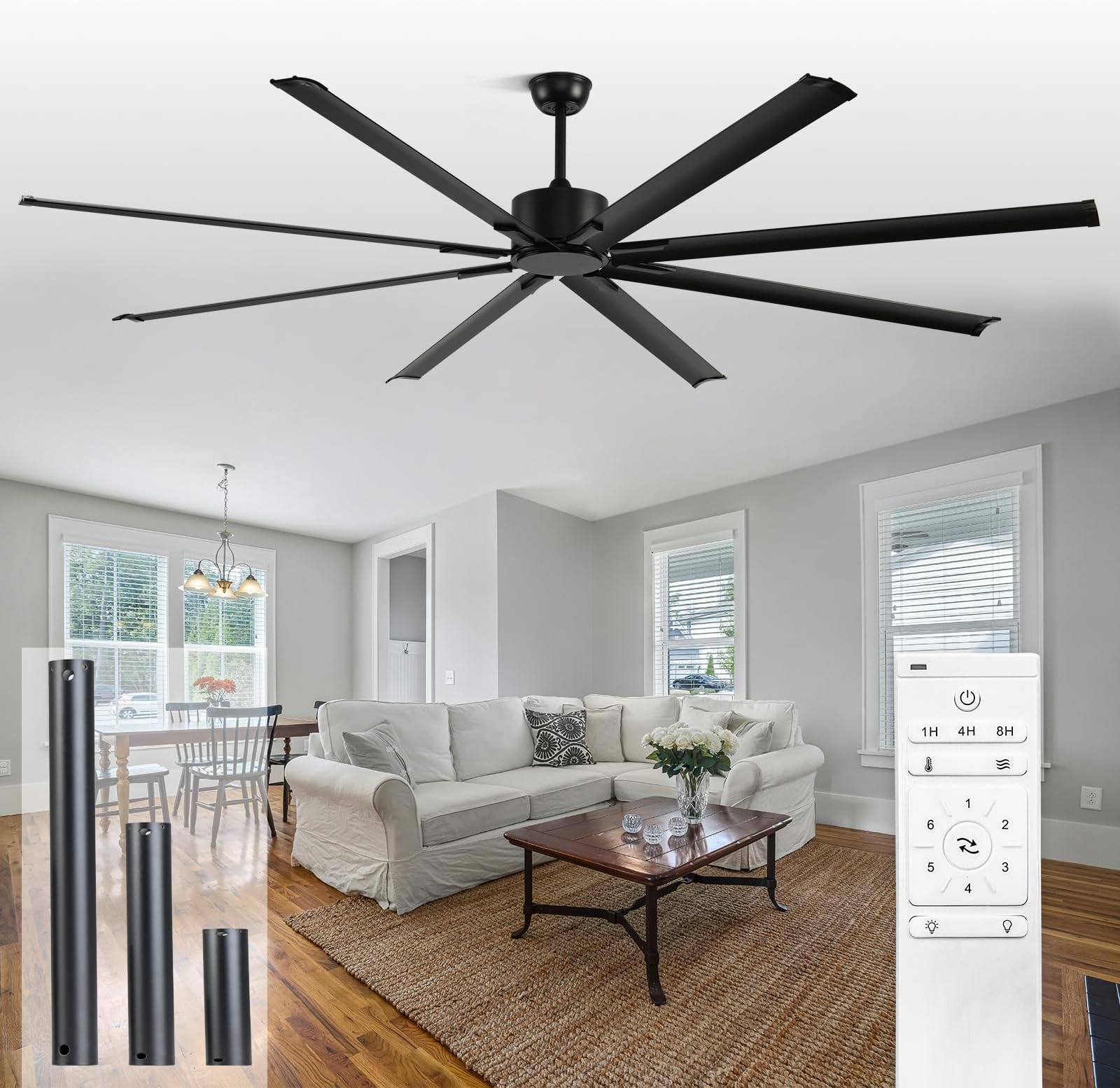 96" Large Ceiling Fan with Reversible DC Motor, 6-Speed Large Ceiling Fan with 8 Aluminum Blades and 3 Downrods, for Living Room, Gym, Office, Commercial Space
