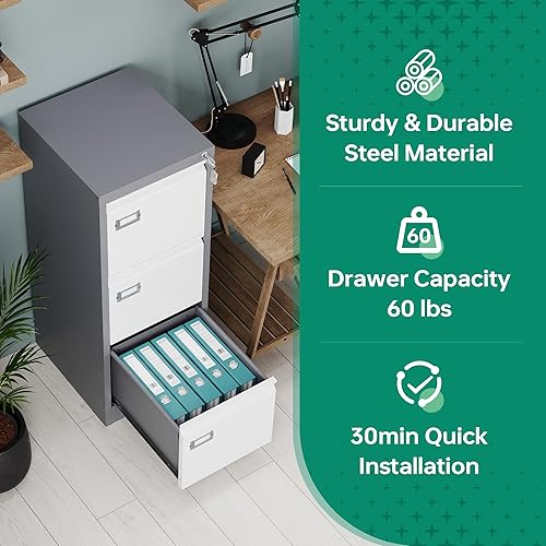 Miniatura 5 de Letaya Archivador de 3 cajones con cerradura, archivadores verticales de metal para oficina en casa, almacenamiento A4F4cartalegal, requiere montaje