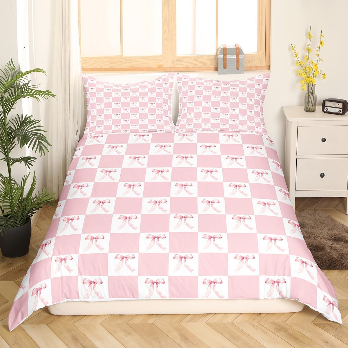 Manfei Pink Bowknot Kids Duvet Cover Set Toddler Size,Dreamy Bow Geometric Plaids Patchwork Bedding Set,Girls Boys Teens Room Decor,Princess Style Bow-tie Girly Quilt Cover,Pink White,No Comforter