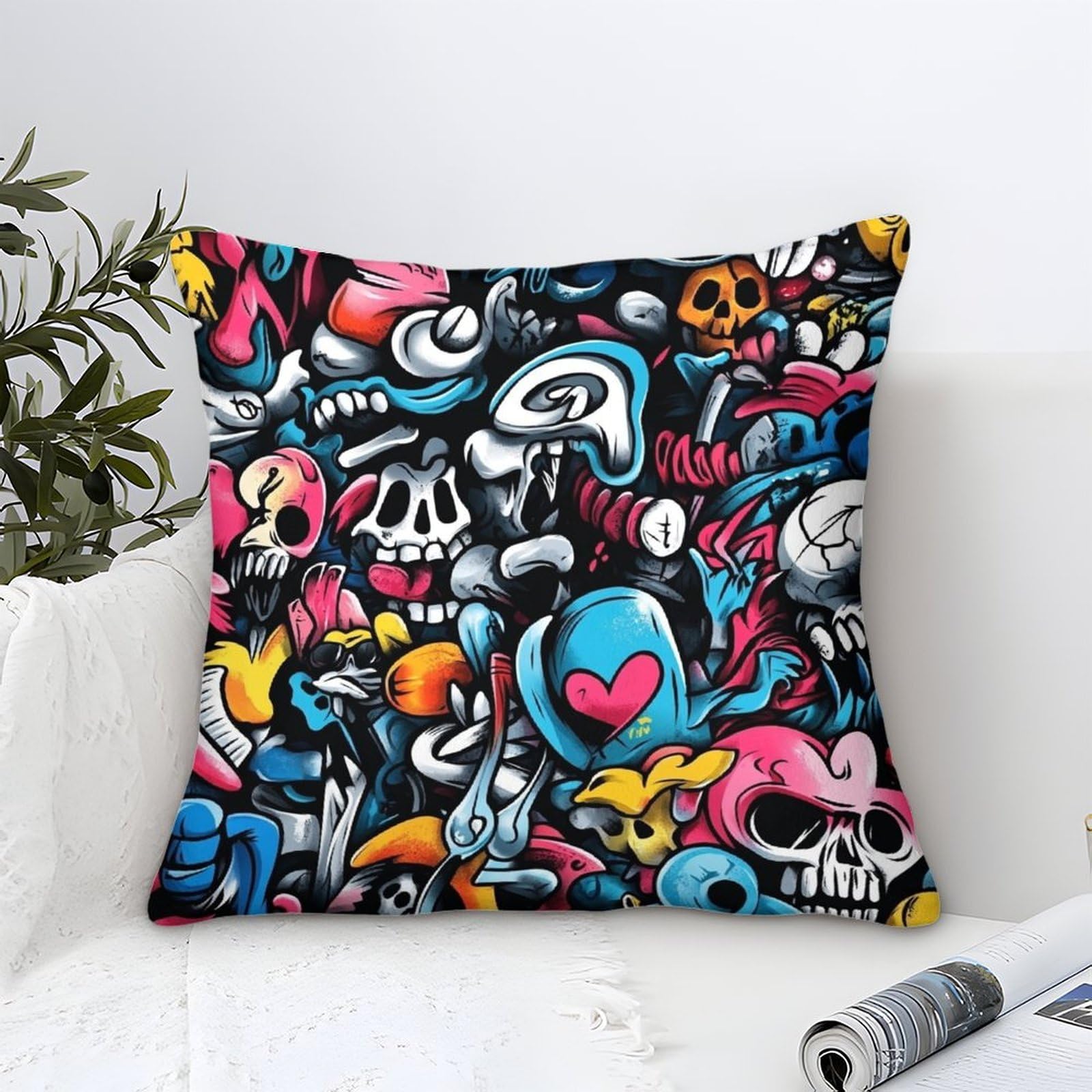 Lililaobiao Graffiti-12 Cushion Covers Graffiti, Square Pillow Cover 45X45cm With Doodles Pattern Home Decorations Cushions For Livingroom Couch Sofa Decor Throw Pillow Case