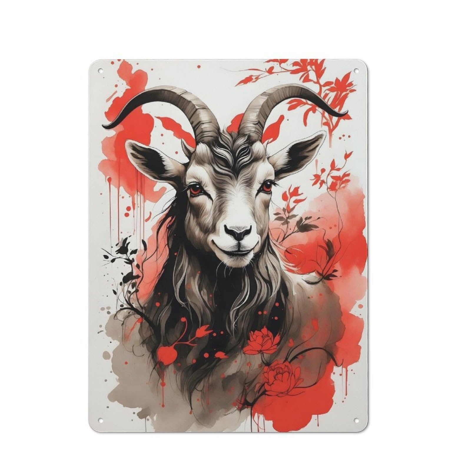 Junmoney Japan Ink Goat Zodia Rustic Tin Wall Plaque 40X30cm, Rustic Kitchen Decor For Cottage, Kitchen, Hallway Or Breakfast Nook