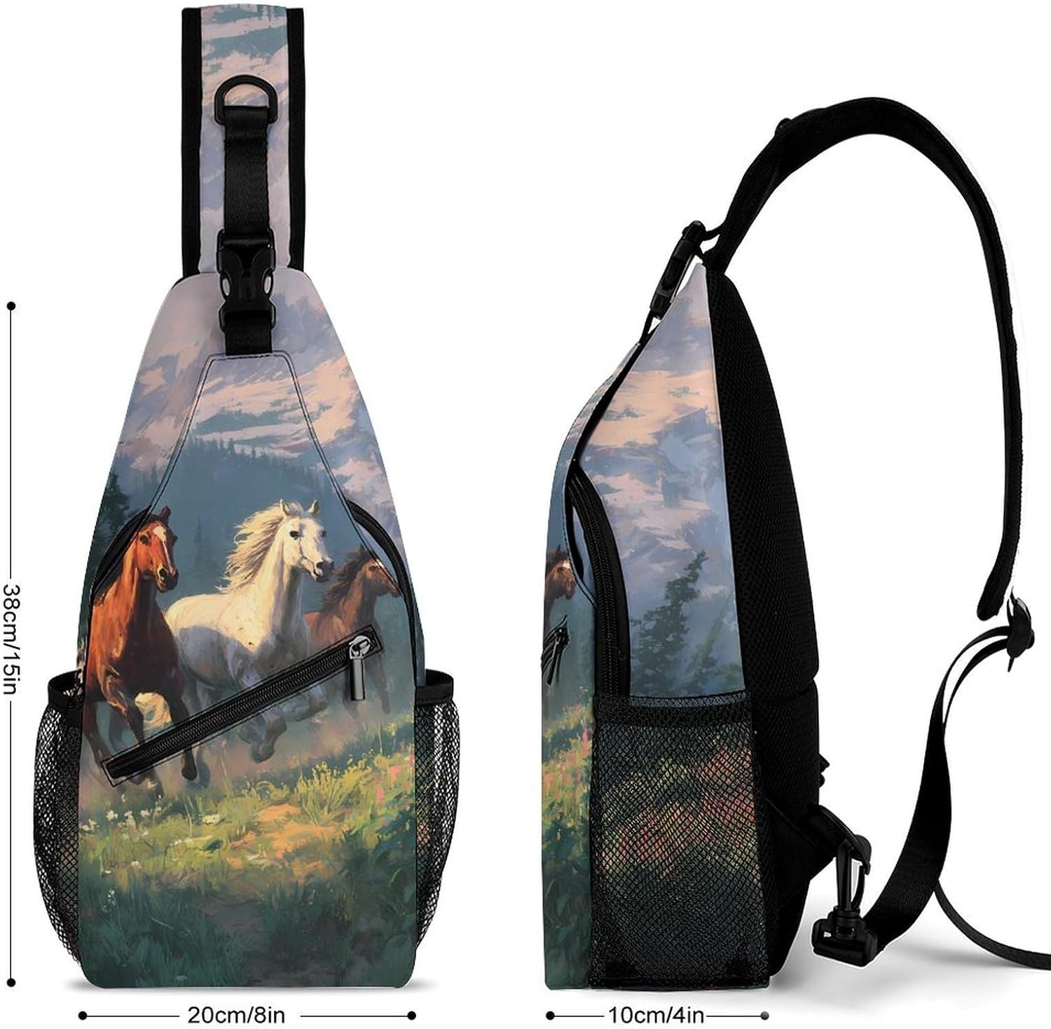 Wild Horses Galloping Snowy Mountains Casual Sling Bag Backpack Shoulder Daypack