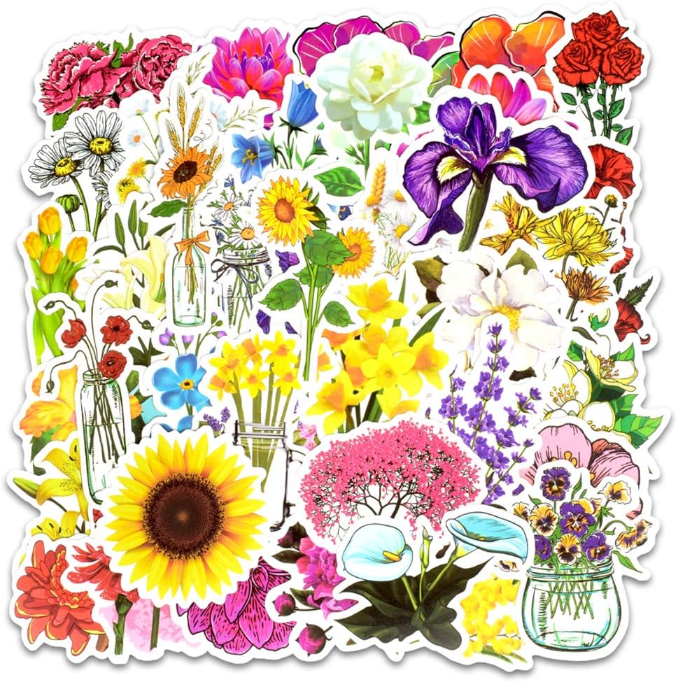 Vinyl Spring Flower Stickers Pack 50 Pcs Cute Flower Decals for Laptop Ipad Car Luggage Water Bottle Helmet