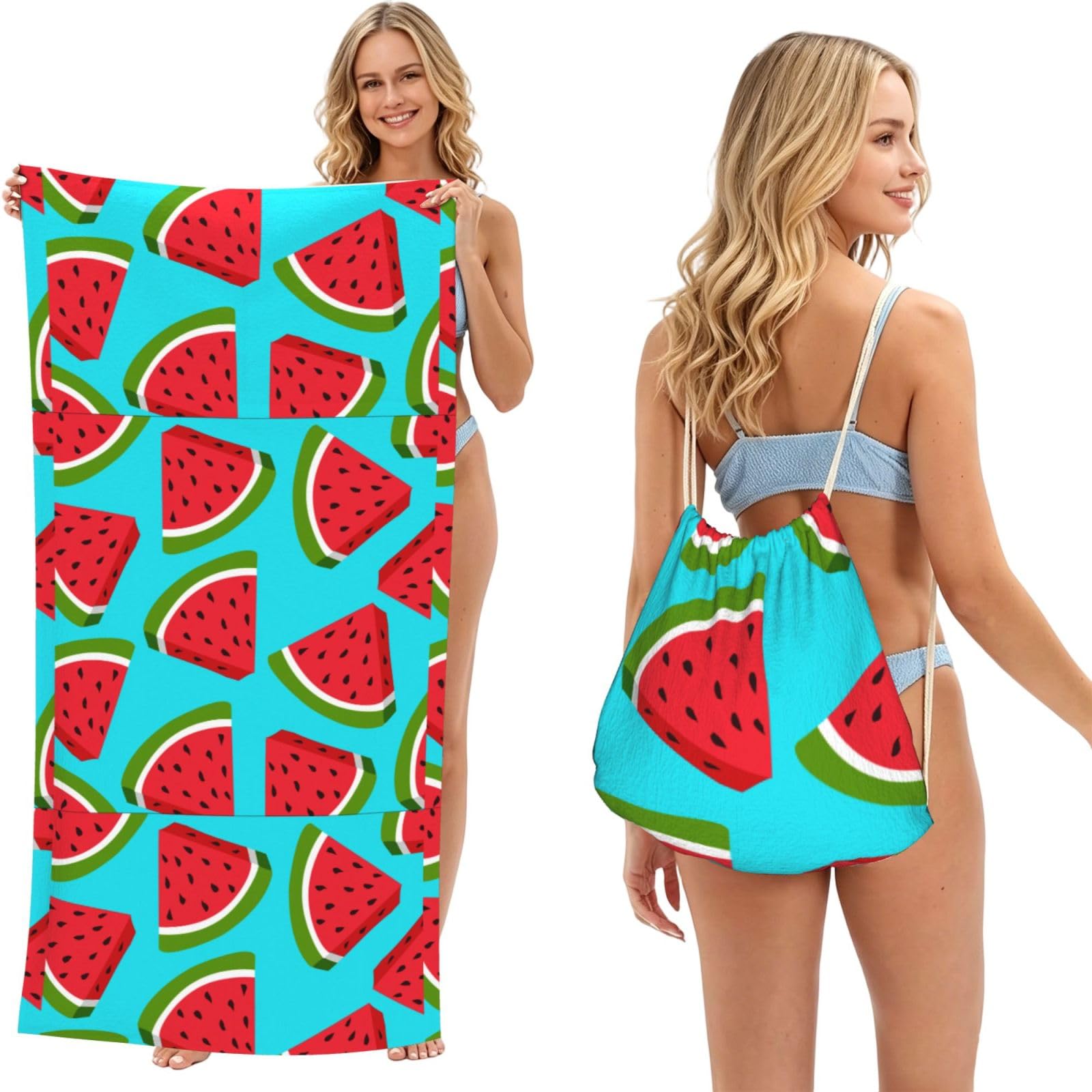 Poadnly As Picture Fresh Watermelon, 2 In 1 Packable Towel Bag, Beach Towels With Drawstring Backpack For Travel Holiday Camping