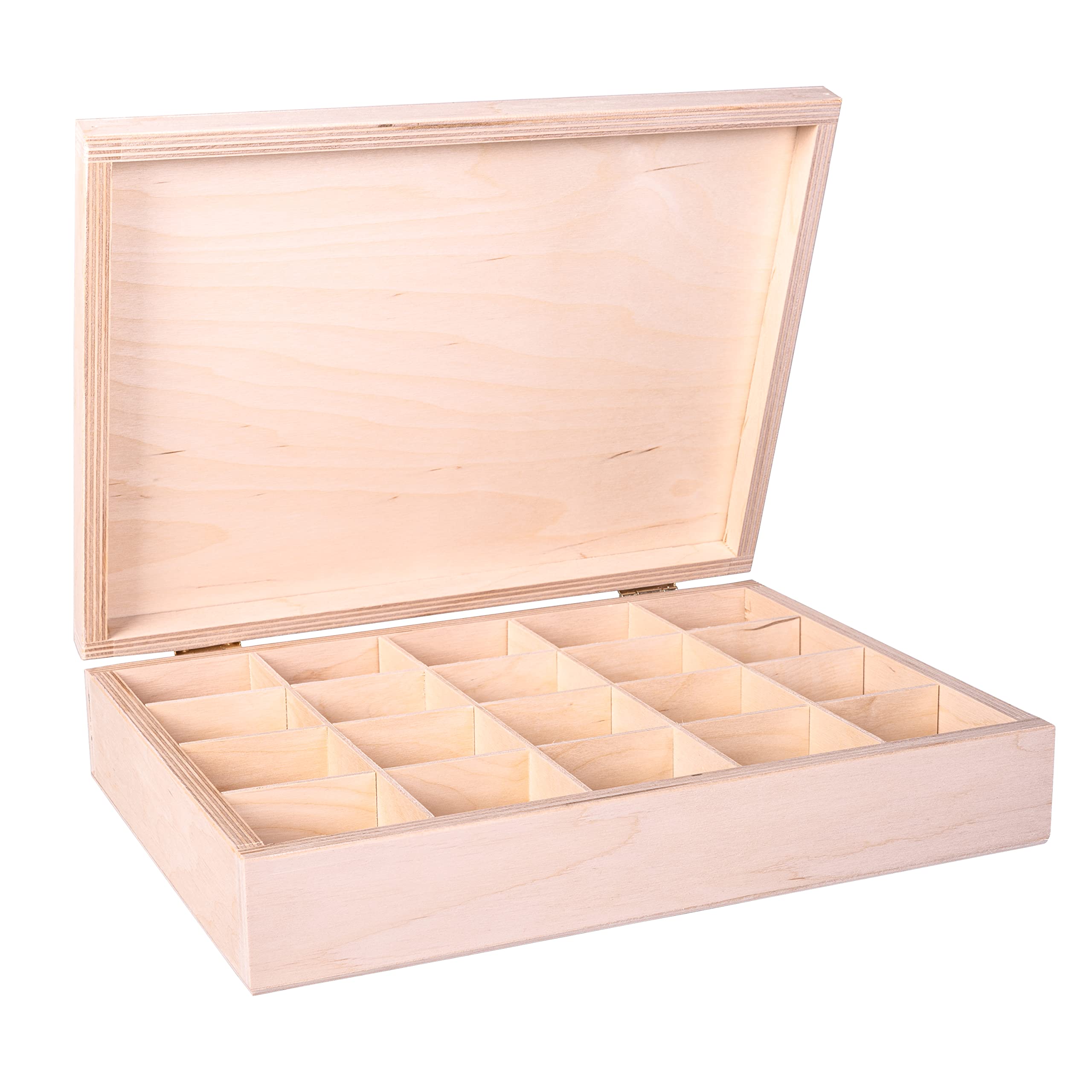 DECOCRAFT Multi Compartment Wooden Storage Box with Lid and 20 Individual Sections for Small Keepsakes, Essential Oils, DIY Jewellery, Knick-Knacks, and Arts and Crafts, Natural Wood