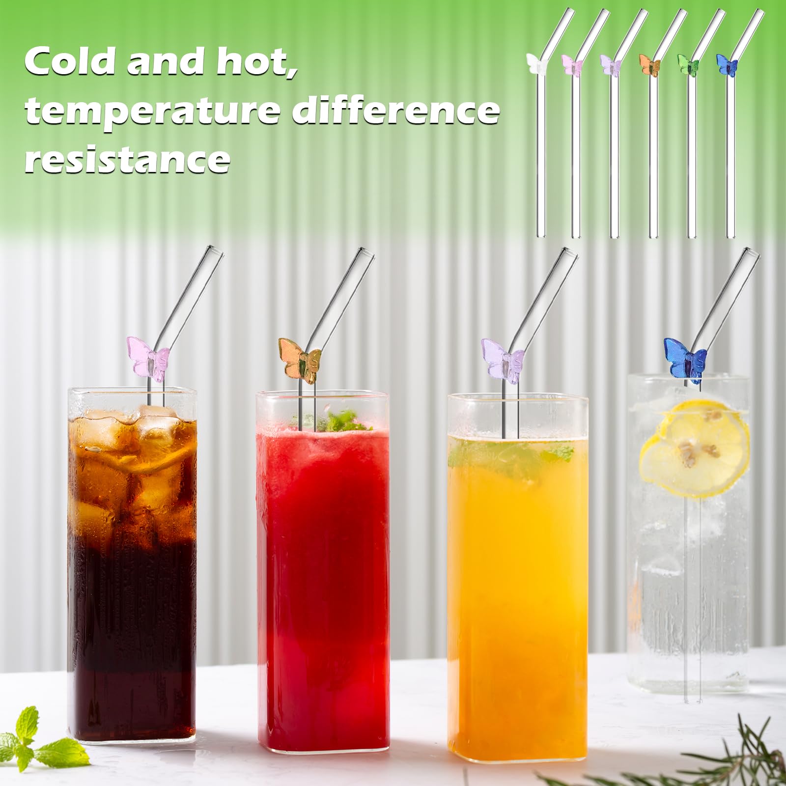 6 sztuk szklanych słomek do picia wielokrotnego użytku, zakrzywione szklane słomki do picia ze szczoteczkami do czyszczenia, do soków, koktajli, smoothie, kawy, mleka (motyl)