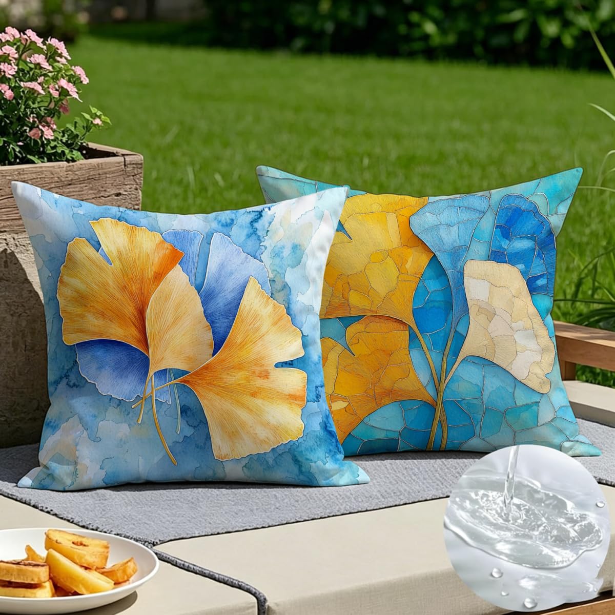 Housse de coussin 55x55 imperméable bleu ginkgo pour jardin et canapé salon