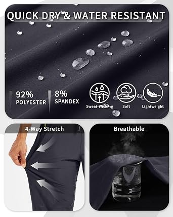 Mens Lightweight Hiking Pants Quick Dry Workout Sweatpants | Athletic Pants with Zipper Pockets, Elastic Waist, Water Resistant, Breathable Stretch, Jogger for Golf Gym Outdoor Travel