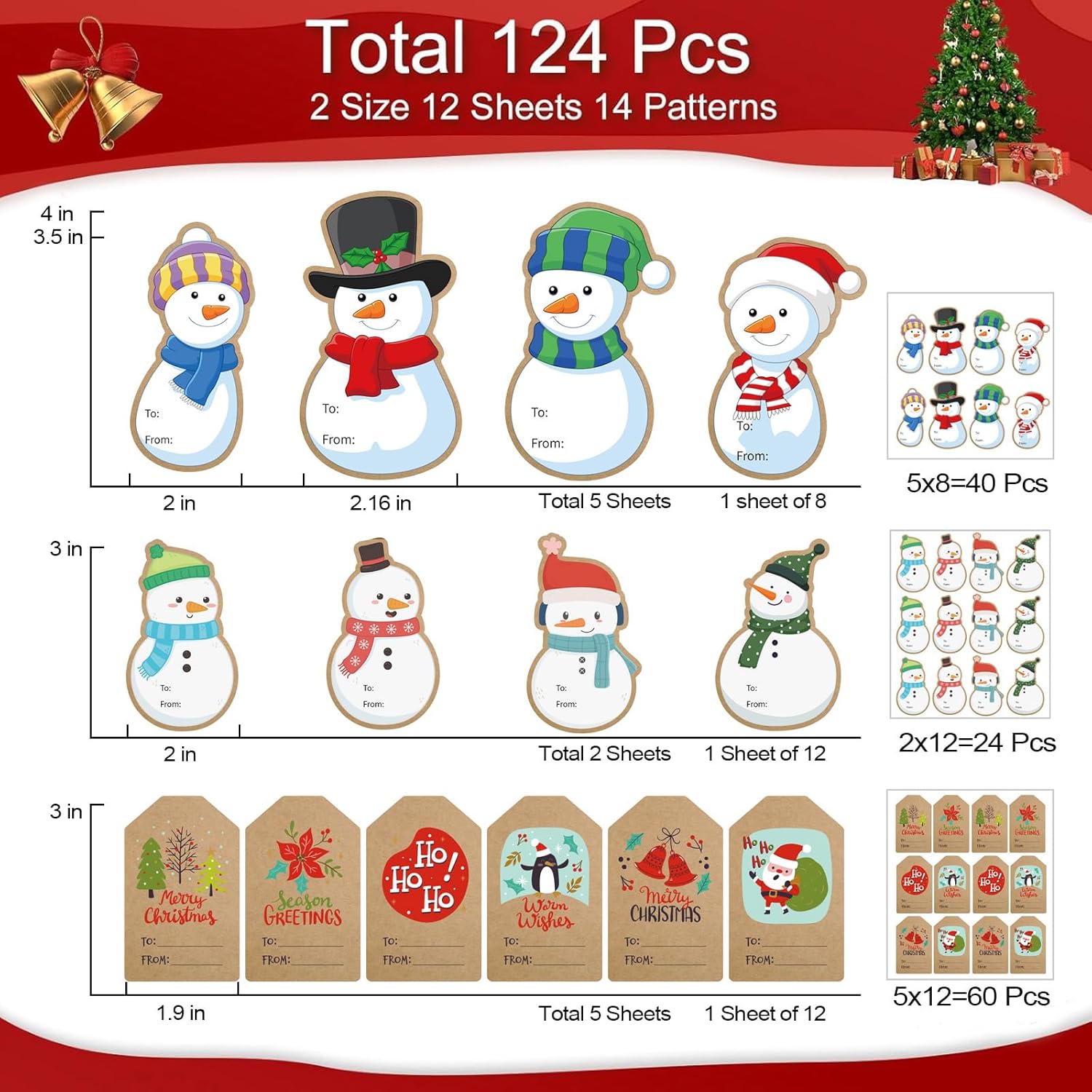 124 Pcs Christmas Gift Tags Stickers, Kraft Self-Adhesive Christmas Name Labels, Cute Snowman Design for Gifts Wrap Presents Boxes Decoration - Image 2