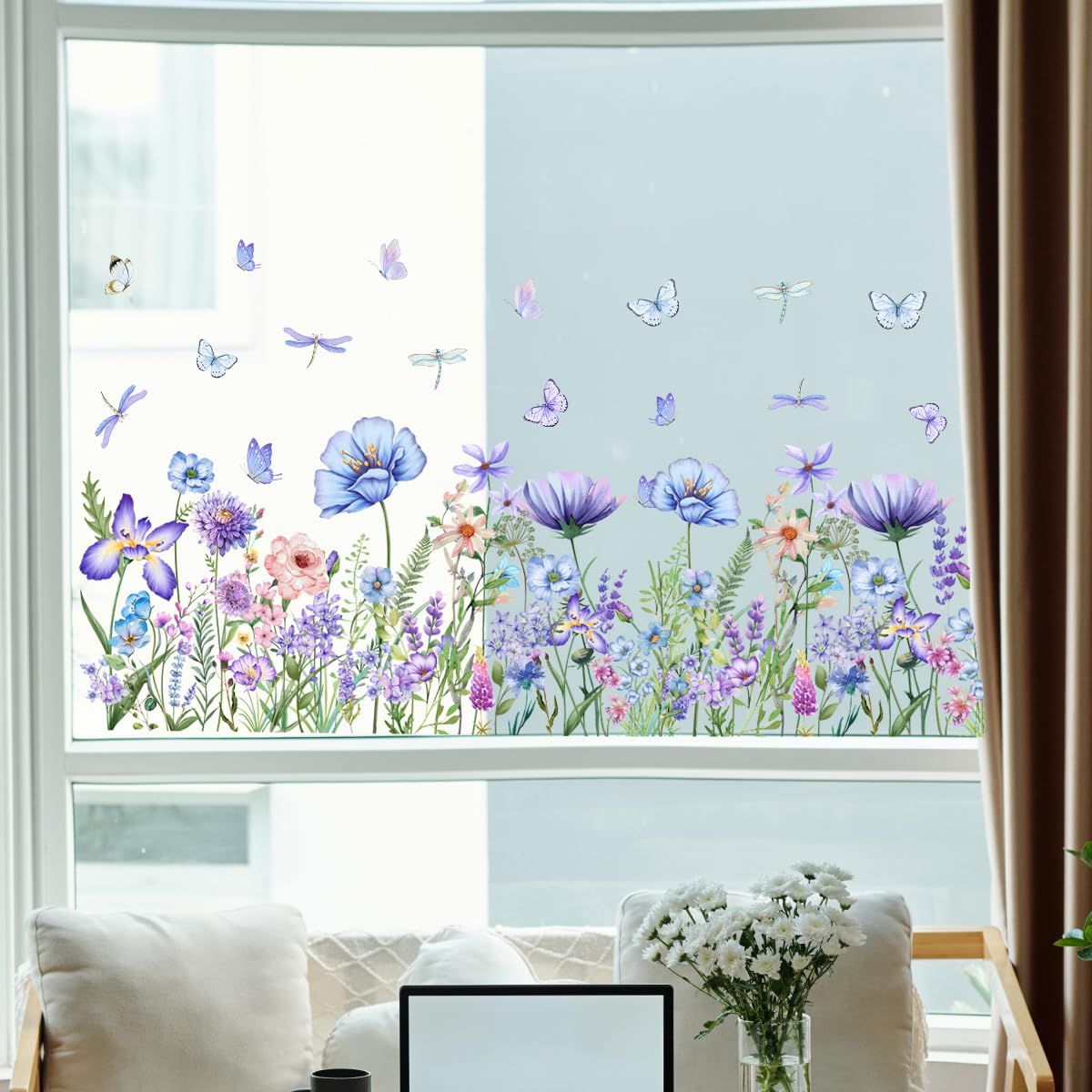 WandSticker4U®- Pegatinas ventanas primavera flores CAMPO de FLORES azul reutilizables (95x59 cm) I Vinilo ventanas flores plantas I Decoración ventana salón dormitorio verano GRANDE (no adhesivo)