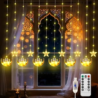 Lewondr Ramadan Curtain String Lights, 138 LED Moon Castle Star Fairy Lights with 6H Timer, 8 Modes, Remote Control, USB Powered Curtain String Light, Eid Mubarak Decorations for Ramadan Home, Yellow
