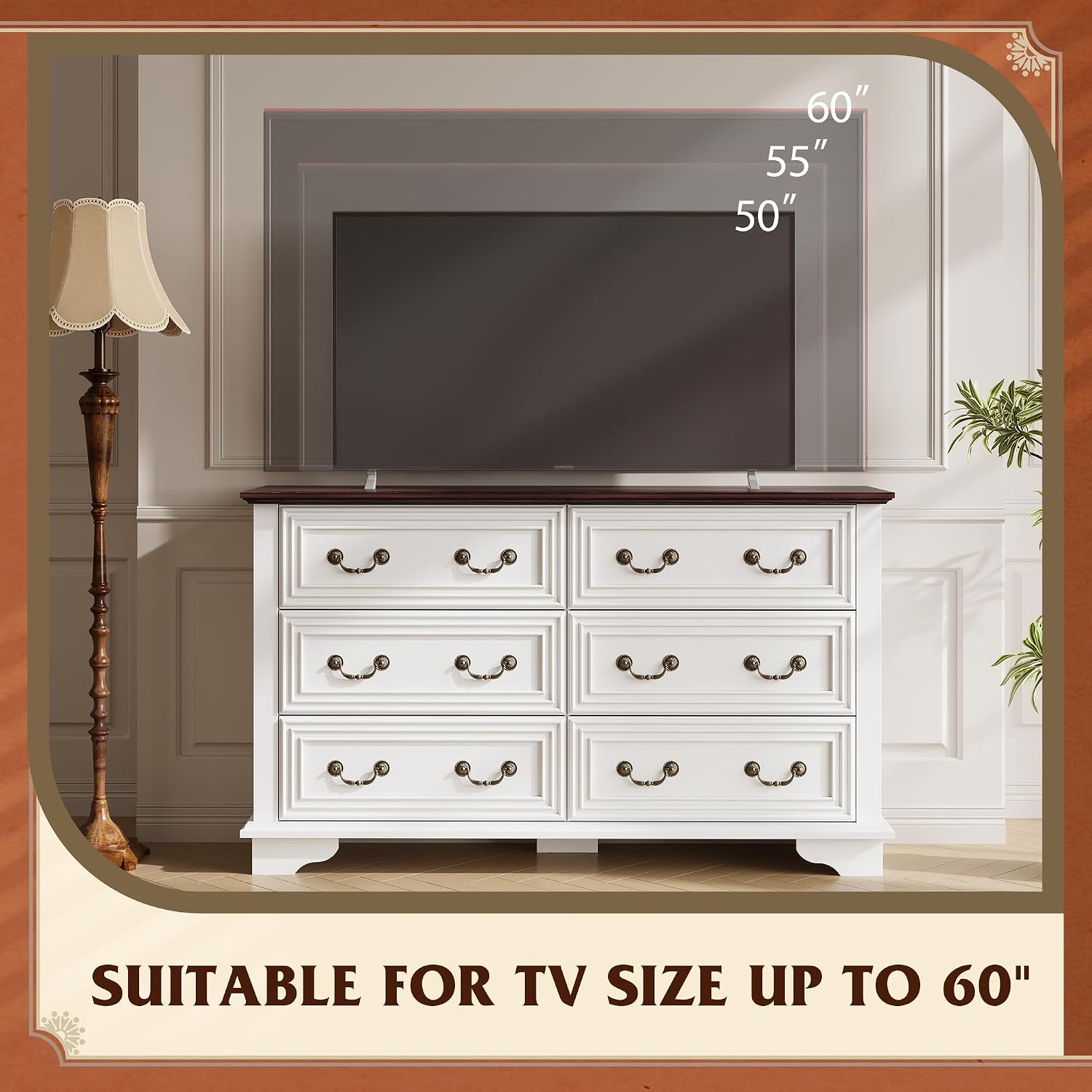 The dresser shown with various TV sizes (50, 55, 60 inches) superimposed, indicating its suitability as a TV stand for up to a 60-inch television.