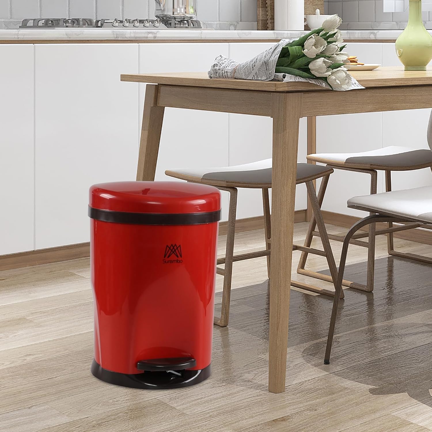 2.6 Gallon Round Plastic Garbage Bin with Step Foot Pedal, Small Step-on Trash Can, Red