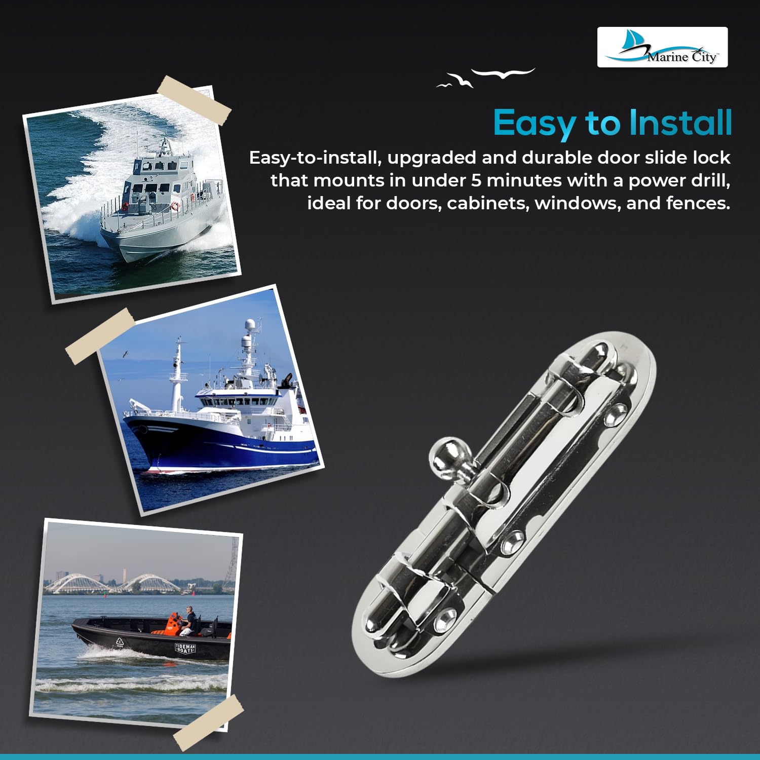 Marine City Boat 316 - Cerrojo de seguridad de acero inoxidable para puerta de barril, 6 puntos de fijación (tamaño: 3-1/2 x 1-1/2 pulgadas)