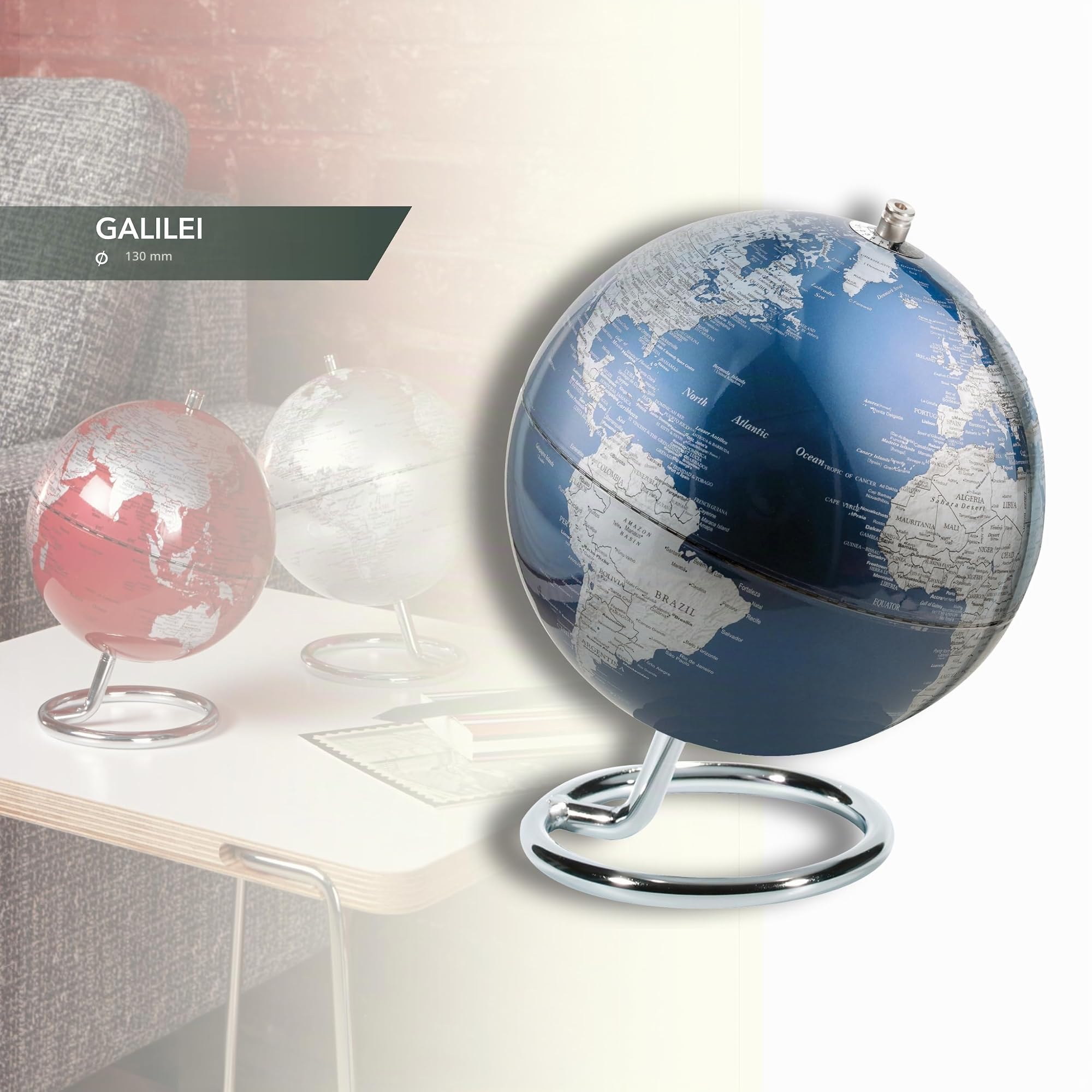 TROIKA Globo terráqueo Mini Ø 13 cm GAGARIN Globo terráqueo mar azul metalizado y superficie terrestre plateada mate, base de metal cromado en forma de anillo eje móvil - en una bonita caja