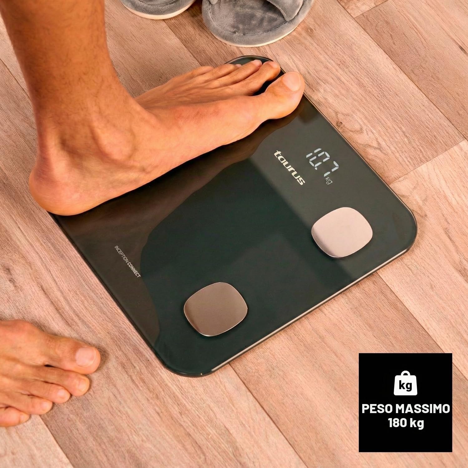 Taurus Inception Connect - Bilancia pesapersone impedenziometrica, bluetooth, app Taurus Connect, misurazioni multiple:% grasso corporeo,% massa muscolare,% massa ossea, memoria 14 utenti