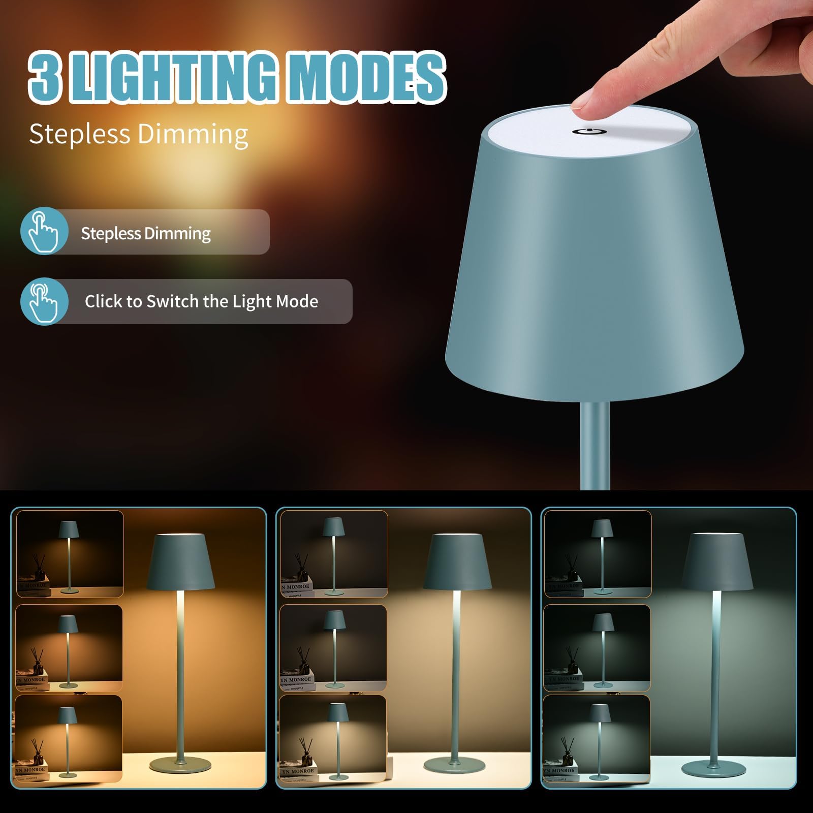 2 pezzi LED dimmerabile lampada da tavolo senza fili, ricaricabile, luce calda 3000 K, lampada da tavolo per interni ed esterni, con USB-C, alluminio, IP54, impermeabile, nero