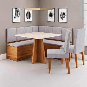 Conjunto Canto Alemão Baú com Mesa 90x90cm sem Vidro e 2 Cadeiras Bariloche Mel/Blonde/Juta