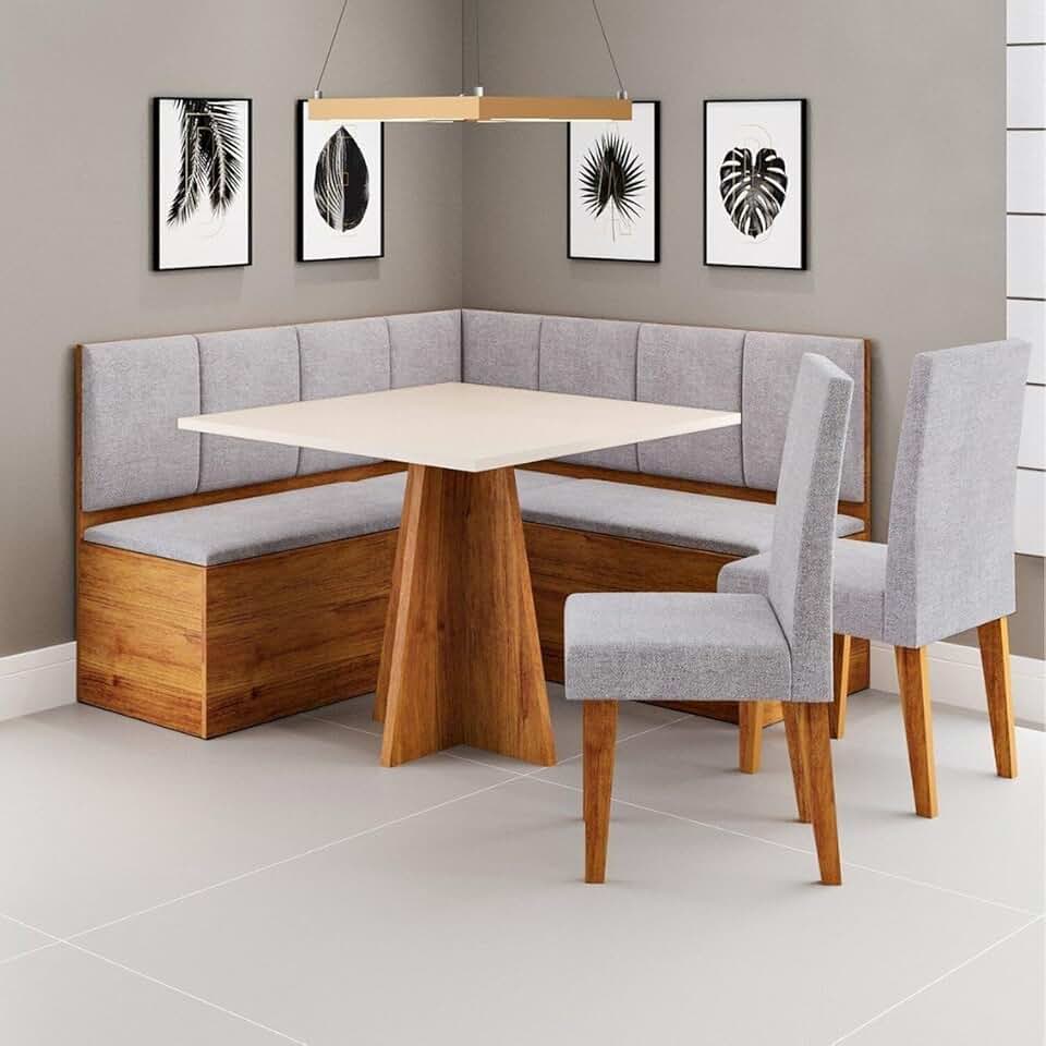Conjunto Canto Alemão Baú com Mesa 90x90cm sem Vidro e 2 Cadeiras Bariloche Mel/Blonde/Juta