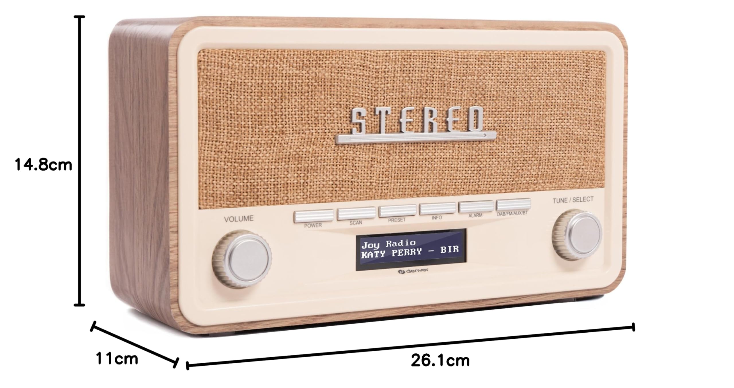 Denver DAB-18 Radio Dab+/FM Bluetooth, AUX, Reloj Despertador, Pantalla LCD, Acabado Madera Clara