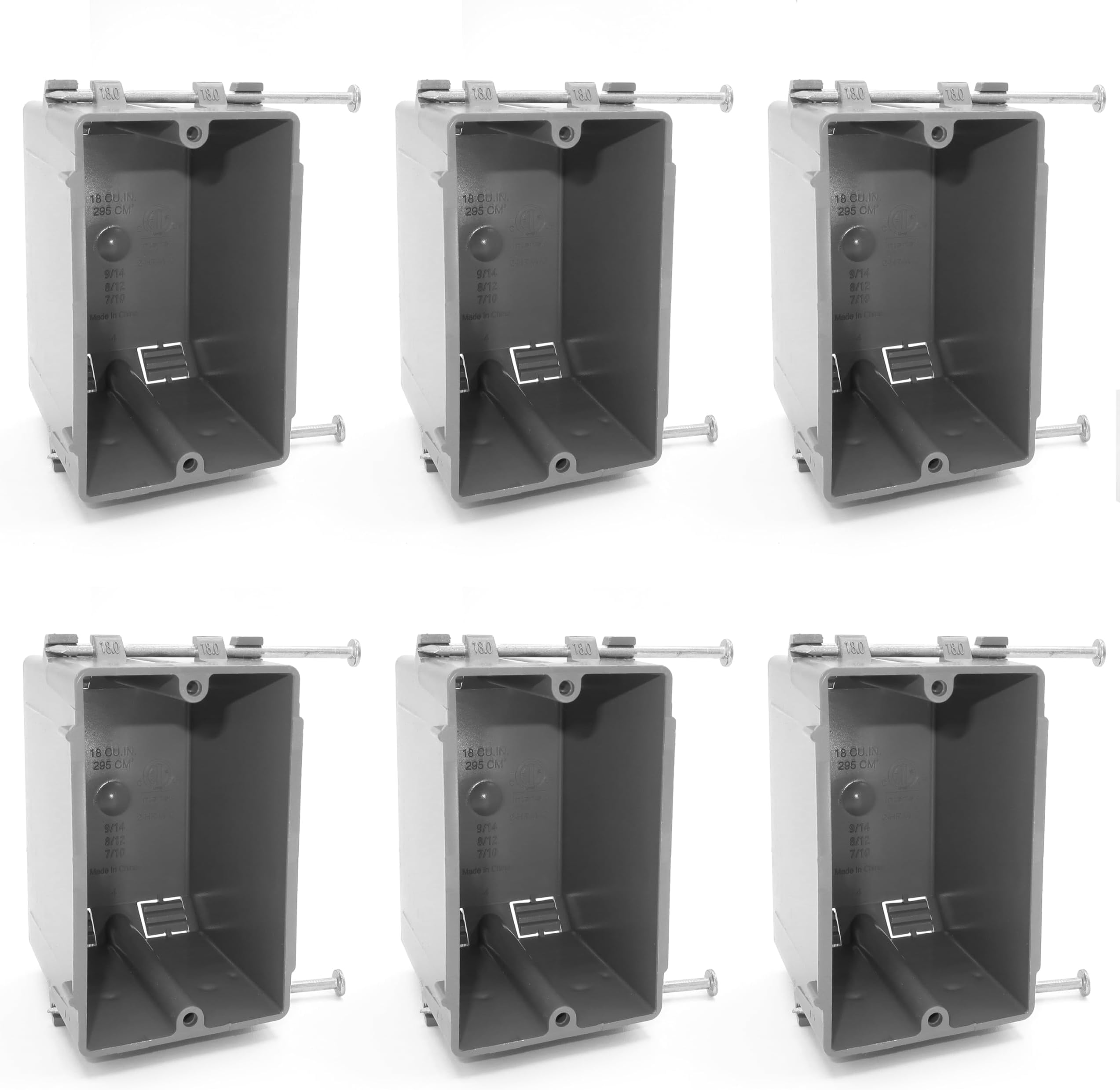(Pack of 6) Plastic Electrical Box, Grey Outlet Box, Single Gang New Work Junction Box, Captive Nails, 20 cu. Inches, Length 3-5/8'', Width 2-1/8'', Depth 3-1/4''