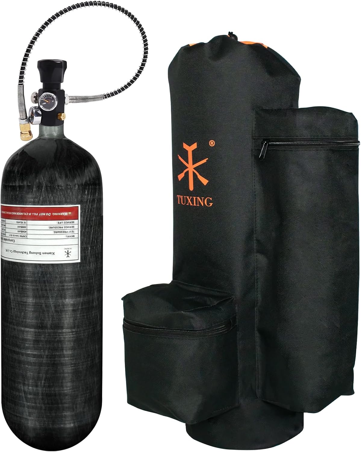 TUXING 4500psi 6.8L/414ci Carbon Fiber Paintball HPA Air Tank with PCP Air System Dual Gauge Valve and Carrier Bag