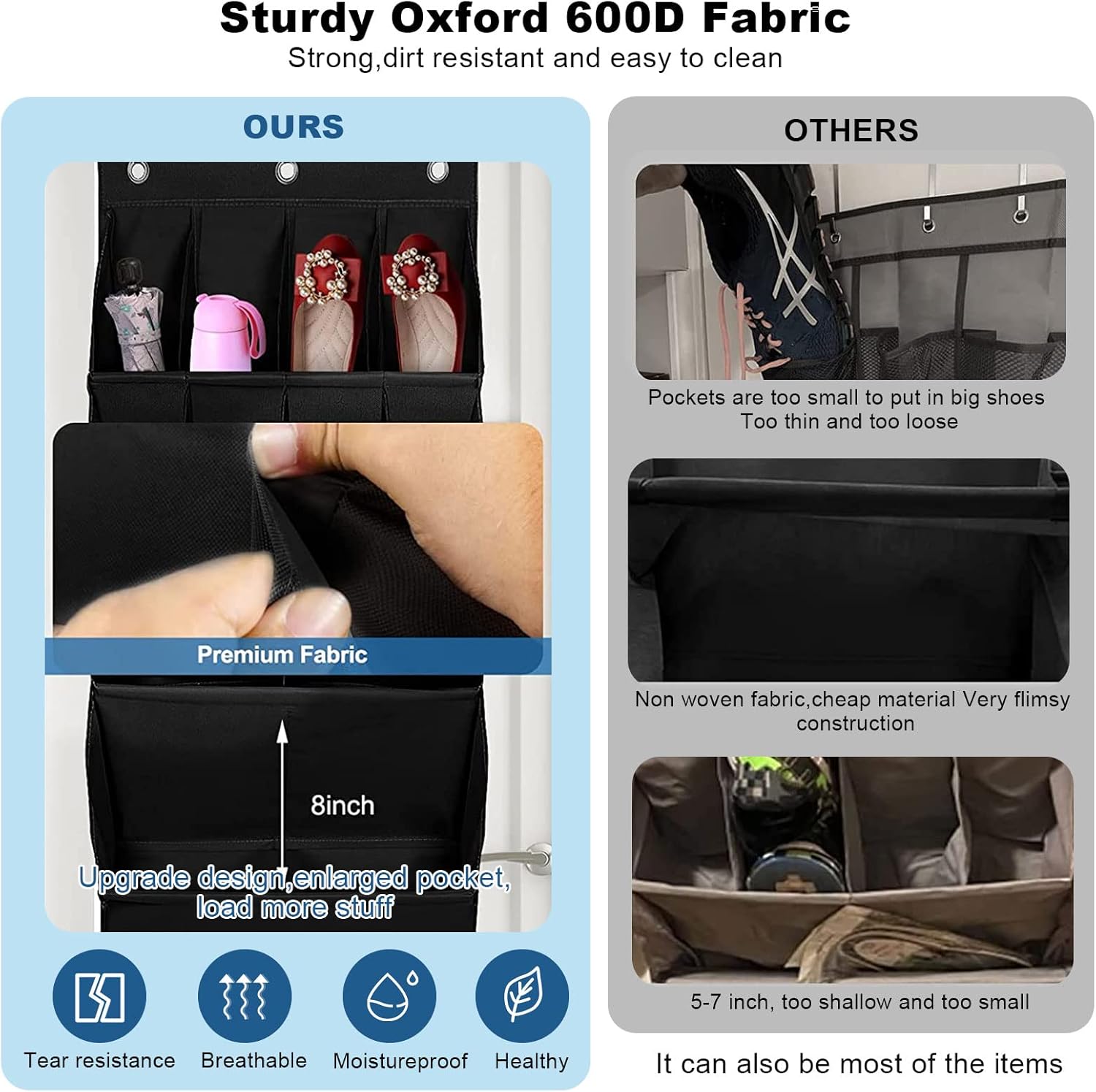 2 Pack Door Shoe Rack with Large Deep Pockets, Over the Door Shoe Organizer, Hanging Shoe Rack for Closets and Narrow Door Storage Oxford Shoe Holder Hanger （Black）