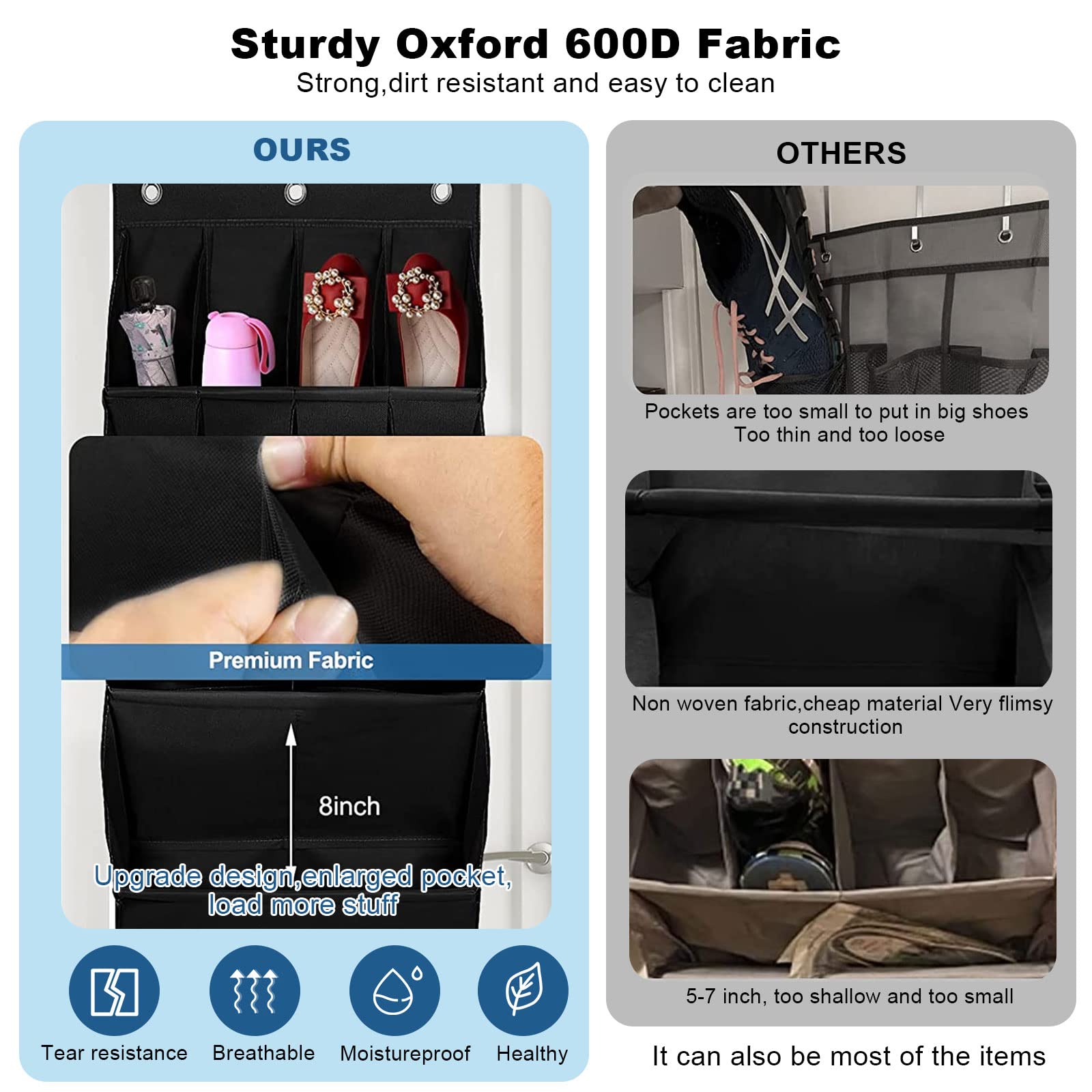 Organizer boven de deur voor schoenen, hangend schoenenrek met 2 haken, schoenenopslag hangend, ruimtebesparend, schoenenorganizer voor kast, slaapkamer, badkamer (Grijs, 28 zakken
