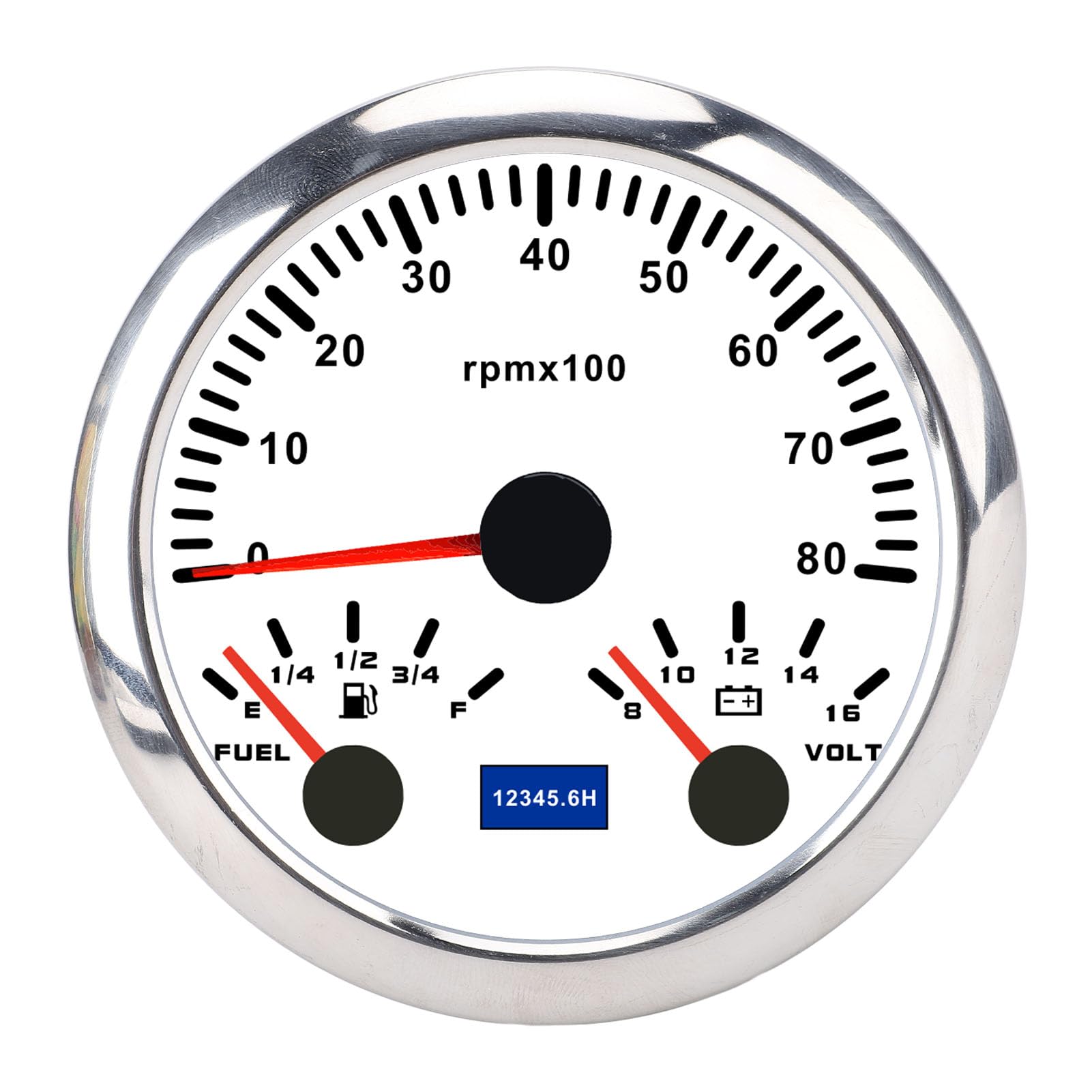 Medidor de tacómetro Torvex, 85 mm, 3 en 1 RPM, voltímetro, indicador de nivel de, 9-32 V, 8000 RPM, retroiluminación de 7 colores para RV, yate, camión (Esfera blanca y bisel plateado CX8300.)