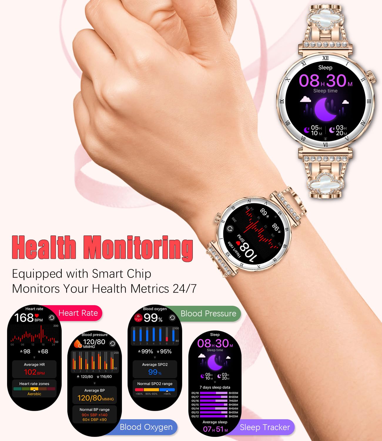 Montre intelligente pour femmes, écran AMOLED HD de 1,19" - Smartwatch pour femmes, bracelet de fitness avec moniteur de fréquence cardiaque/sommeil, appel Bluetooth, étanche IP67, compatible avec iOS