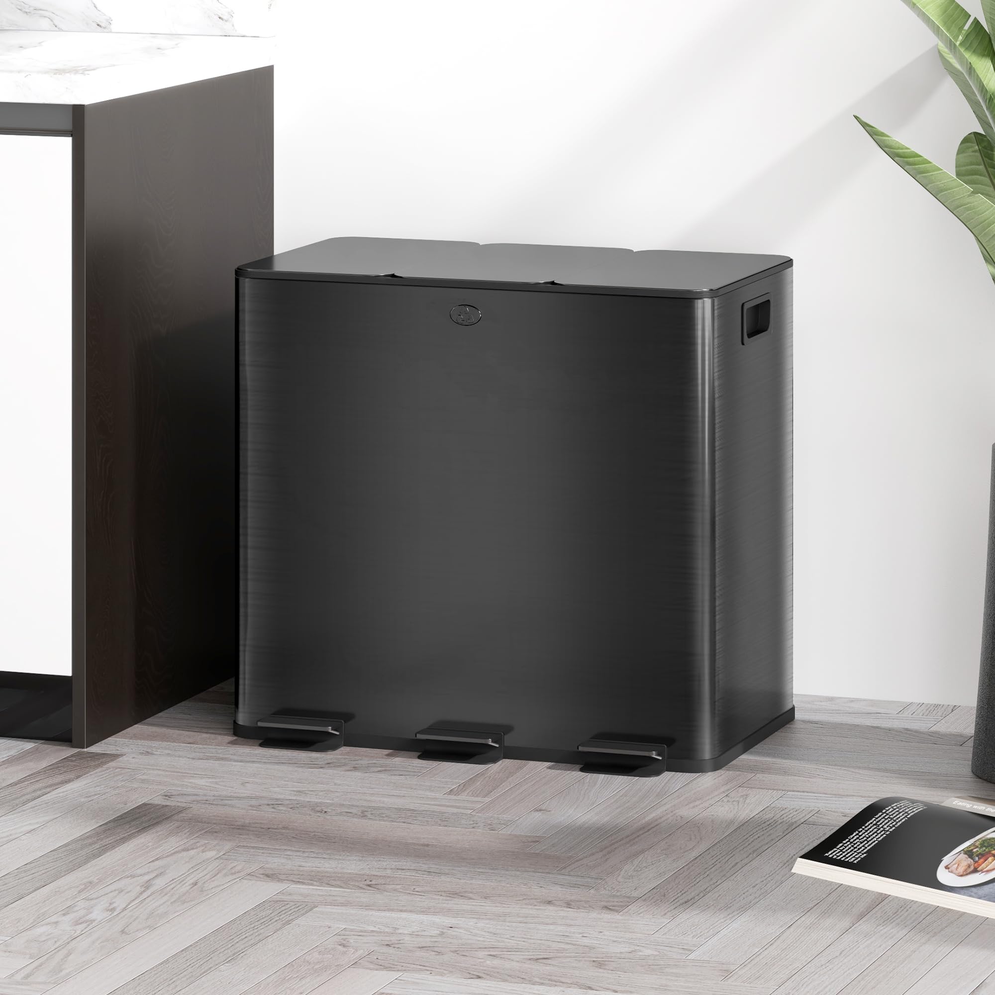 HOMCOM Mülleimer Küche Treteimer 3x15L 61,9x36,6x43,2 cm Schwarz | Softclose-Deckel, Pedal, Mülltrennsystem, 3 Fächer, inkl. Inneneimer, Abfalleimer, Abfallsammler, Edelstahl