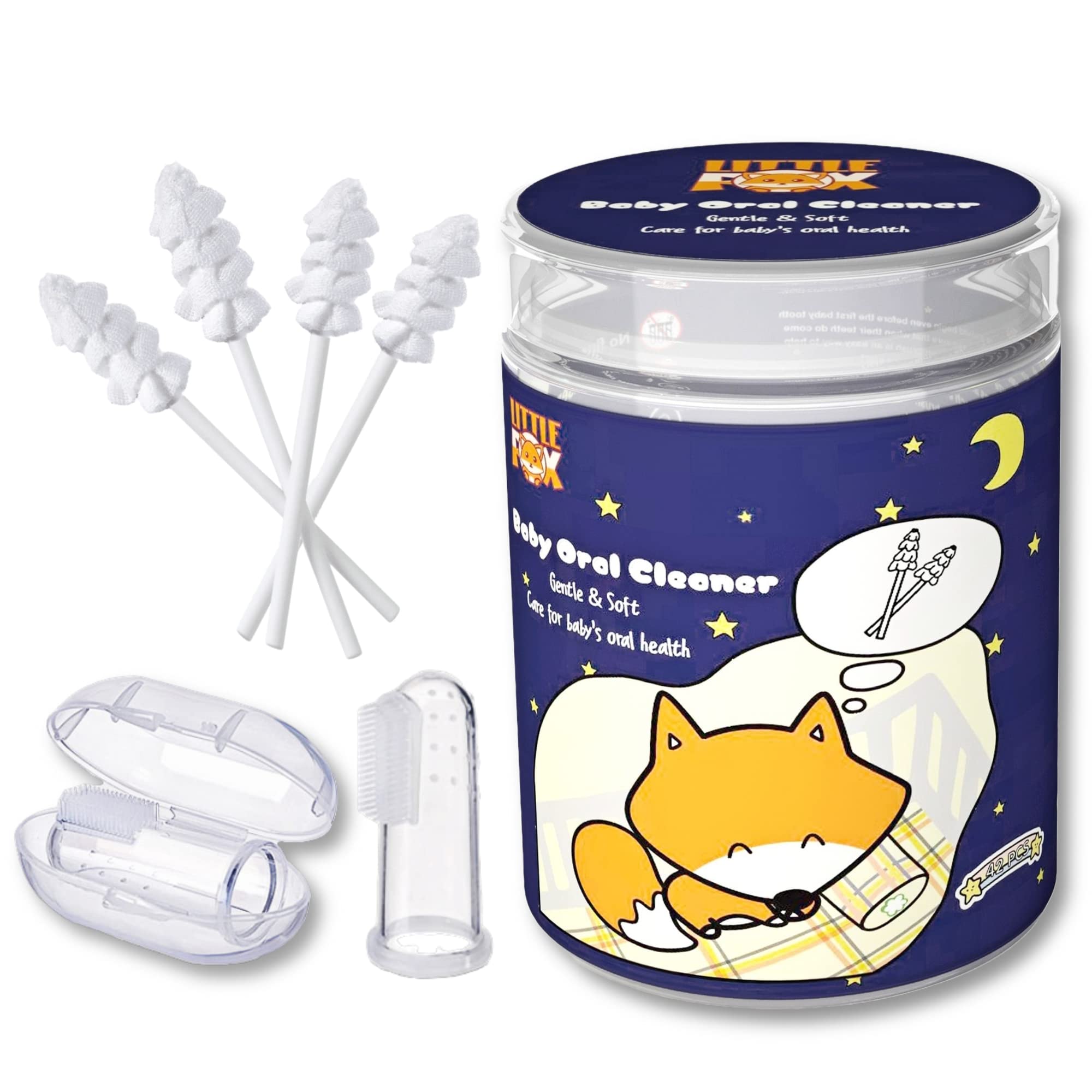 Little Fox Baby Oral Cleaner 42Pcs Upgrade Designed 1pc Free Finger Toothbrush with Case Tongue Mouth and Gums
