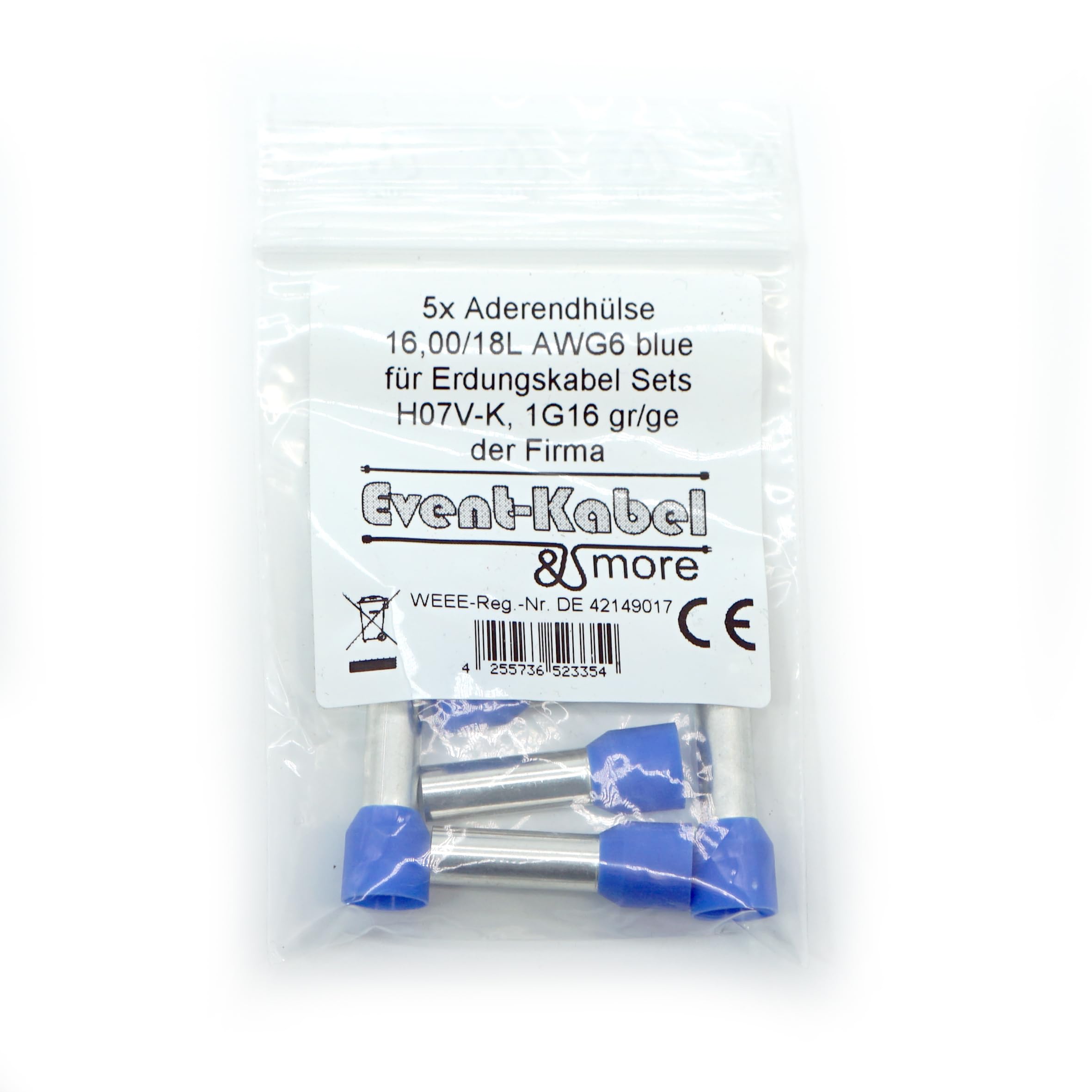 Event-Kabel&more-Set Erdungskabel 16mm² - Grün/Gelb - H07V-K - Erdungsleitung Aderleitung feindrähtig flexibel (5-100m) inkl. 5 Aderendhülsen (10 Meter)
