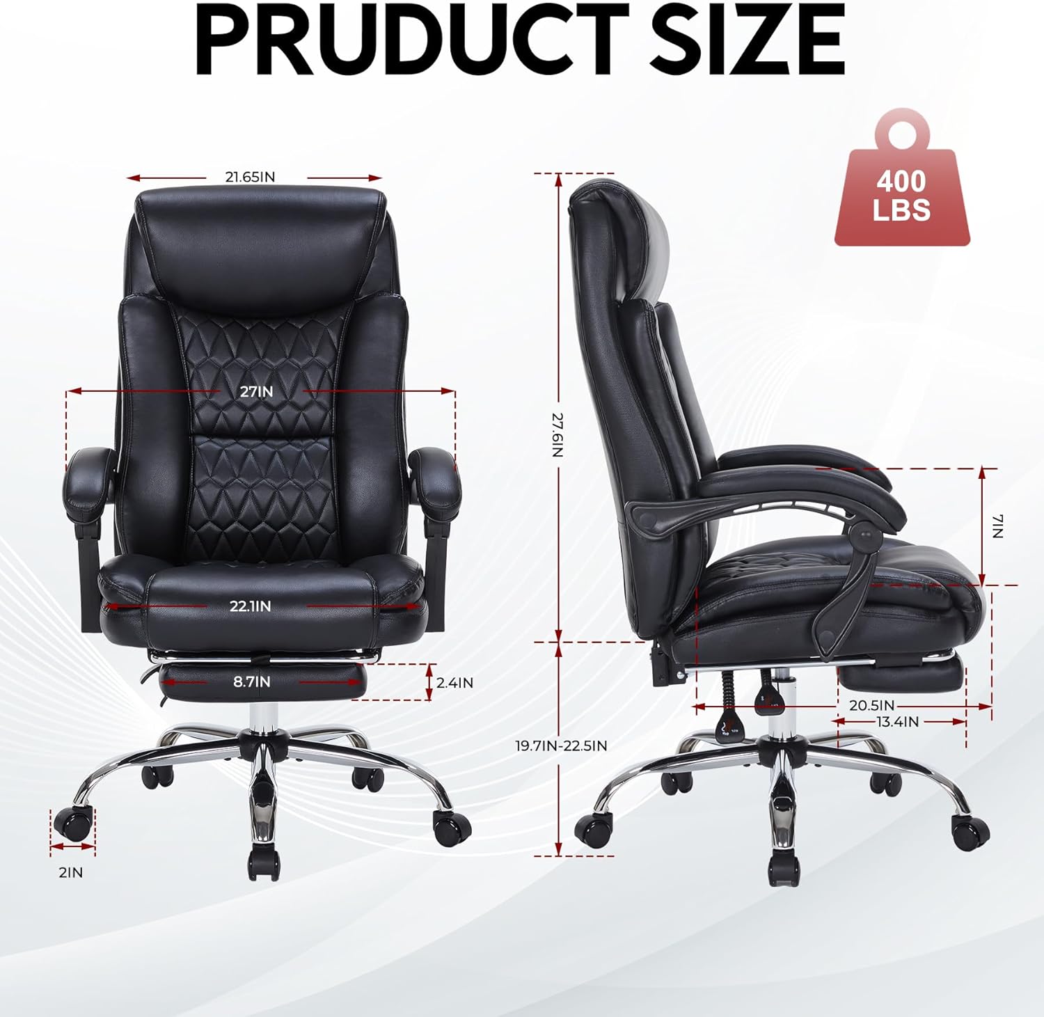 400lbs Reclining Executive Office Chair with Foot Rest, Big and Tall Ergonomic Office Chair, Home Office Desk Chairs for Heavy People (Black) - Image 2