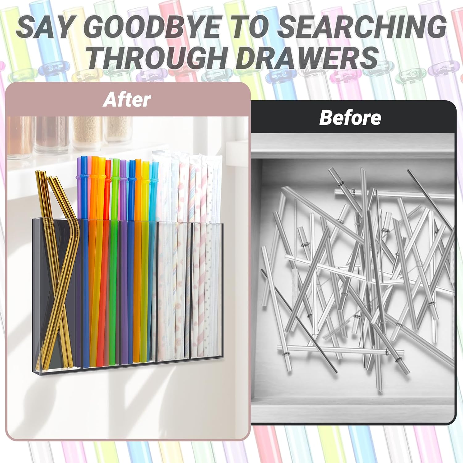 Acrylic Magnetic Straw Holder, Cabinet Straw Organizer with Double Sided Adhesive Tape, Tall Reusable Straw Storage Container, Drinking Straws Dispenser for Fridge, Cupboard Door, Kitchen (Clear) - Image 5