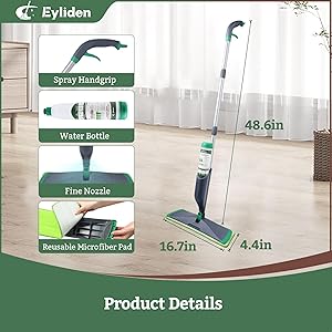 Eyliden Spray Mop - Includes Bio-Enzyme Multi-Surface Cleaner Concentrate, 2 Microfiber Pads | All-in-One Solution Floor Cleaning Kit - Long-Lasting Freshness Wet Mops