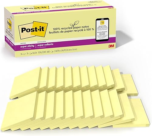 Post-it Notas súper adhesivas de papel 100 reciclado 2 veces el poder de pegar 3 x 3 pulgadas 24 blocs por paquete 70 hojasbloc amarillo canario