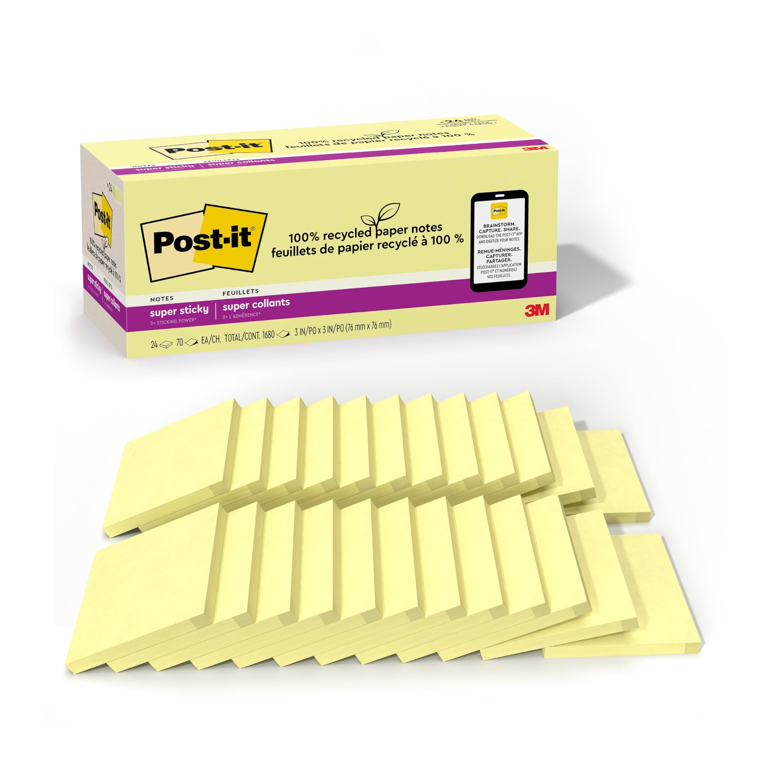 Post-it100% Recycled Paper Super Sticky Notes, 2X The Sticking Power, 3x3 in, 24 Pads/Pack, 70 Sheets/pad, Canary Yellow (654R-24SSCY-CP)