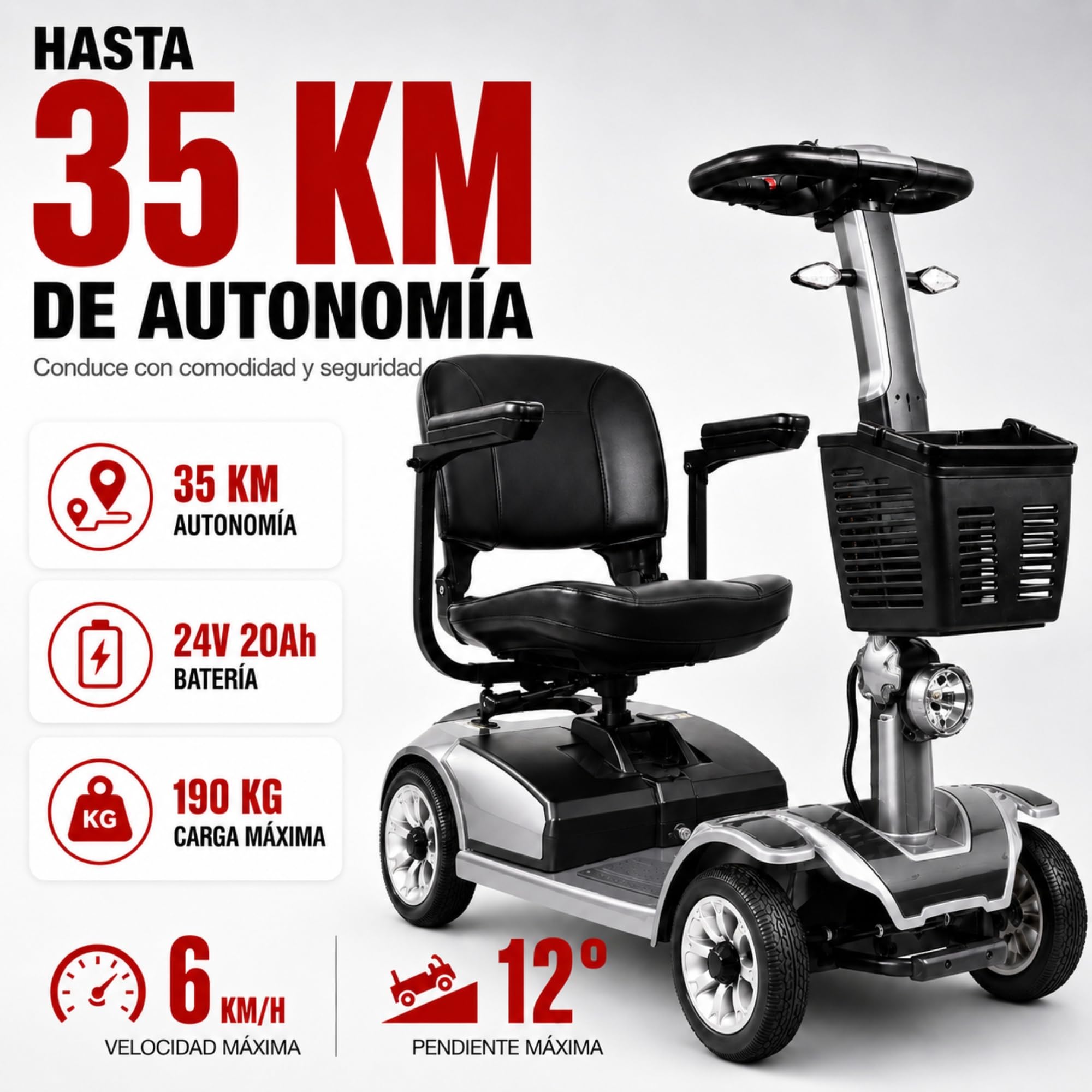 Scooter de Movilidad Eléctrico Plegable de 4 Ruedas para Personas Mayores y Movilidad Reducida, hasta 35 km Autonomía, Asiento Giratorio 360°, Estable y Seguro – ALIFERO (Gris Plata)