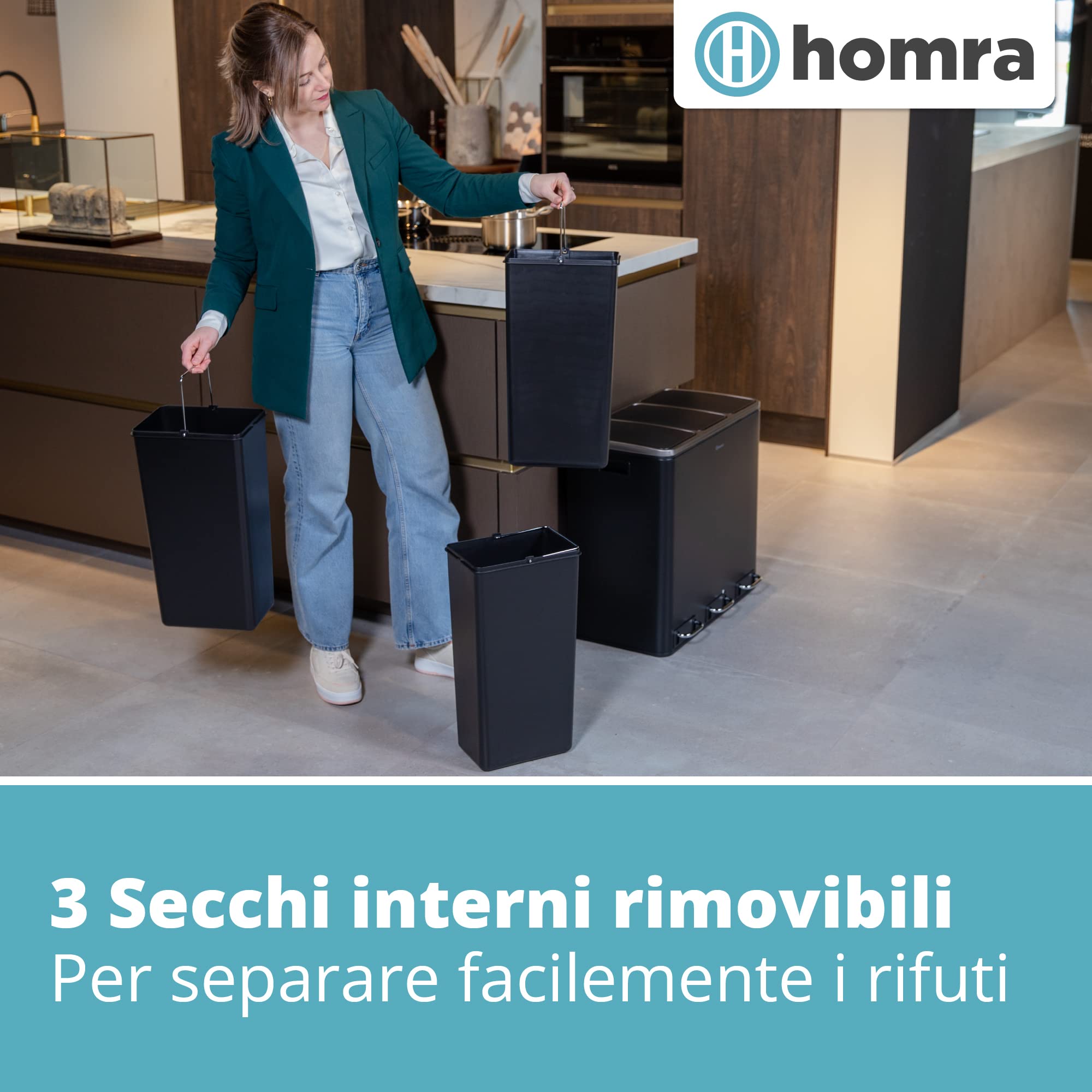 Homra Cestino Spazzatura Sparq da 54L - Pattumiera Differenziata 3 Scomparti - Secchio Spazzatura 3x18 litri - Pattumiera con Pedale in Acciaio Inox - Sistema Differenziata 3 Contenitori in 1. Nero