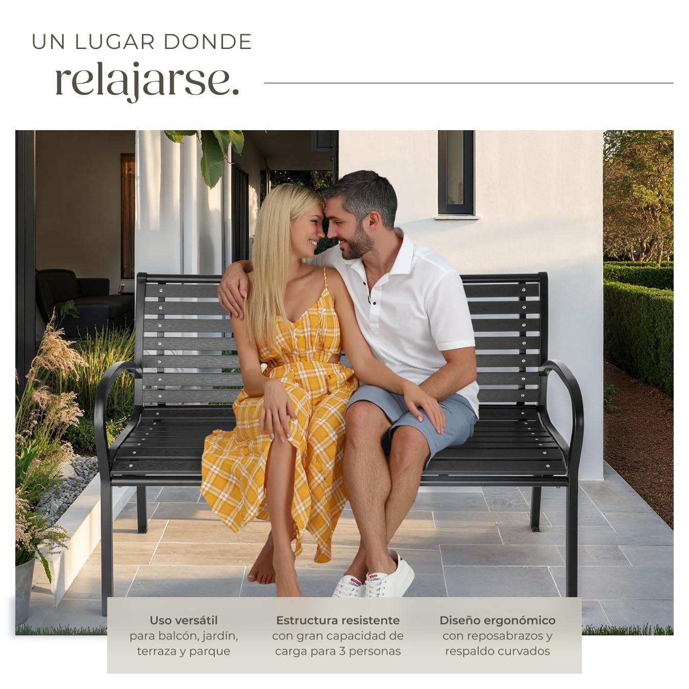tectake® Banco de Jardín 3 Plazas, Estructura Acero Lacado, Apto Exterior, Mueble Jardín, Banco Terraza, Banco Madera Rustico, Chill out Exterior Terraza, Fácil Montaje - Negro