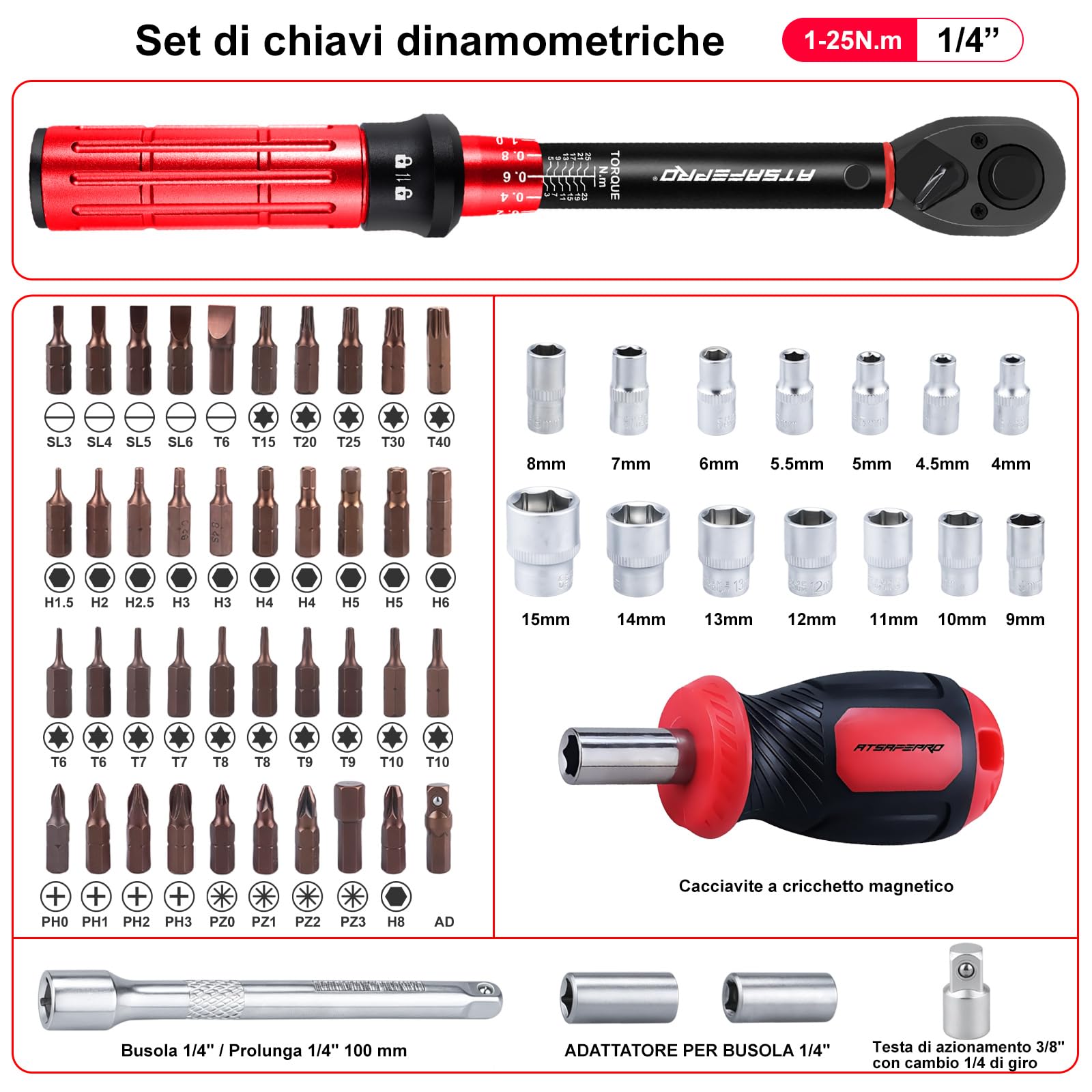 ATsafepro 61 Pezzi Chiave Dinamometrica 1/4",3-25 Nm Chiave Dinamometrica Bici,Con Adattatore da 1/4" a 3/8", Prolunga da 10 cm, Punte, Cacciavite, Precisione ±3% per Biciclette, Motociclette