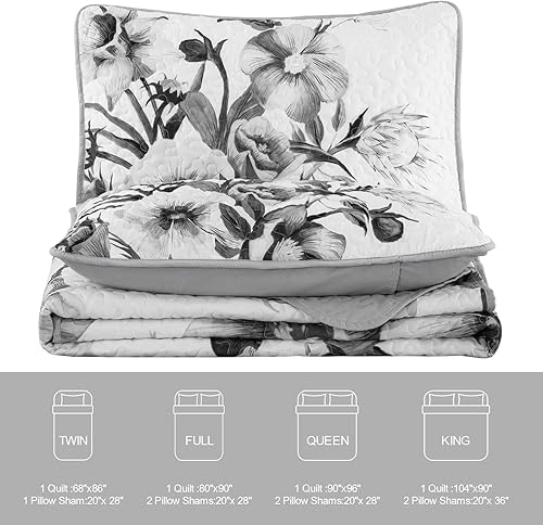 Miniatura 7 de Juego de edredón floral Queen de 3 piezas, juego de edredón floral gris, microfibra suave, ligera, colcha acolchada blanca para todas las