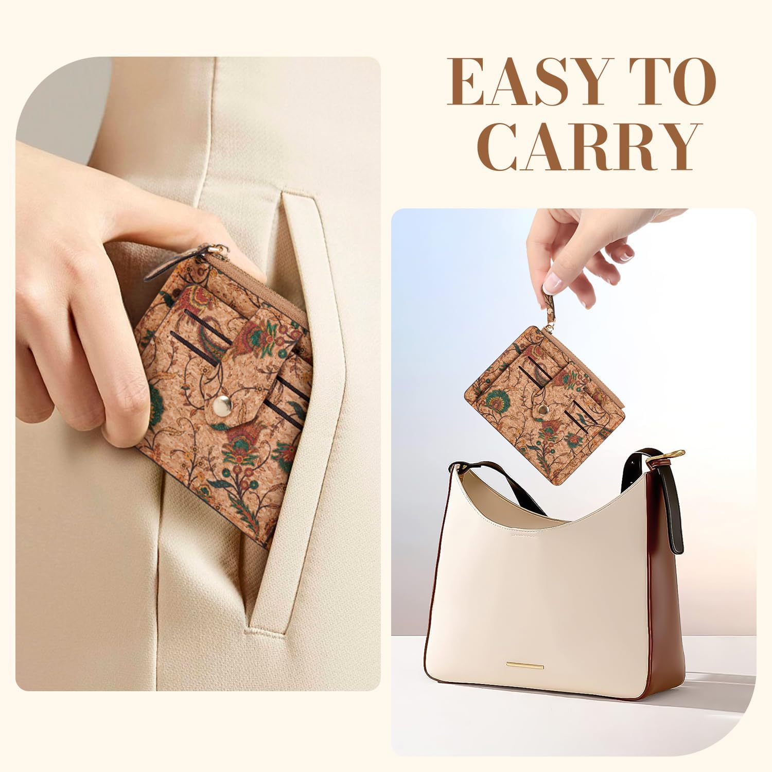 Floral Cork Card Holder Wallet, Slim Multi-Compartment Design with Zipper, 10 Card Slots, Vintage Pattern, Lightweight Money Pouch 4.7 * 3.5 Inch - Image 3