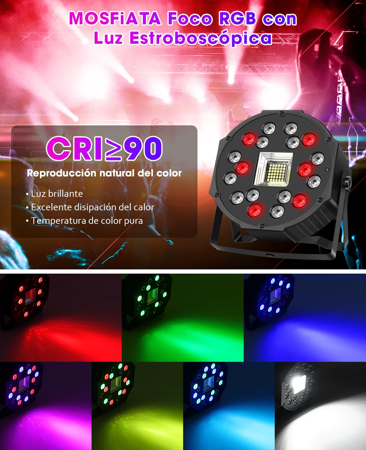 MOSFiATA Focos LED RGB con Luz Estroboscópica Luces DMX para Fiesta Discoteca Celebraciones Escenarios, 2 Pcs