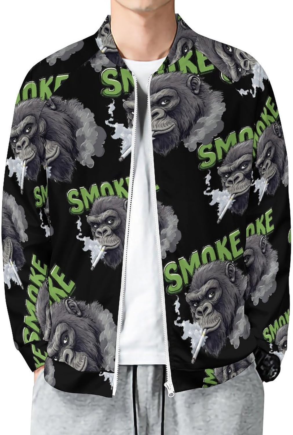 Weed Smoking Gorilla Smoker Men's Zip Up Sweatshirt Casual Sweater Jackets Long Sleeve Tops Lightweight Coat