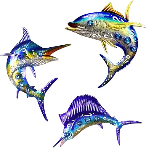 Decoración de pared de peces de metal, juego de 3 piezas de pez espada de atún Marlin, tema tropical azul y dorado, decoración para el día de la