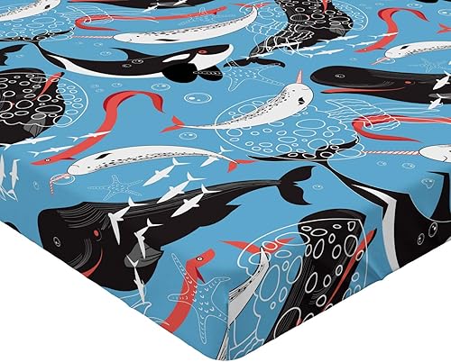 Miniatura 3 de Ambesonne Narwhal - Sábana bajera ajustable, mamíferos marinos gigantes árticos, orca, ballena blanca, narval, boceto de fauna oceánica, funda de